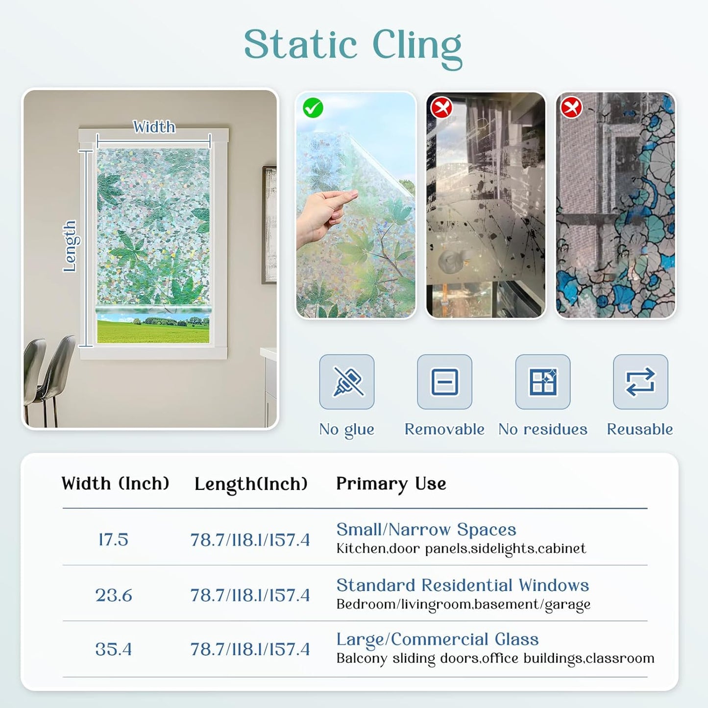 Haton Window Privacy Film, Decorative Stained Glass Window Clings, 3D UV Sun Blocking Sticker, Removable Static Cling Heat Control Tint for Home Door, Leaf Rainbow, 35.4" x 157.4" Non-Adhesive