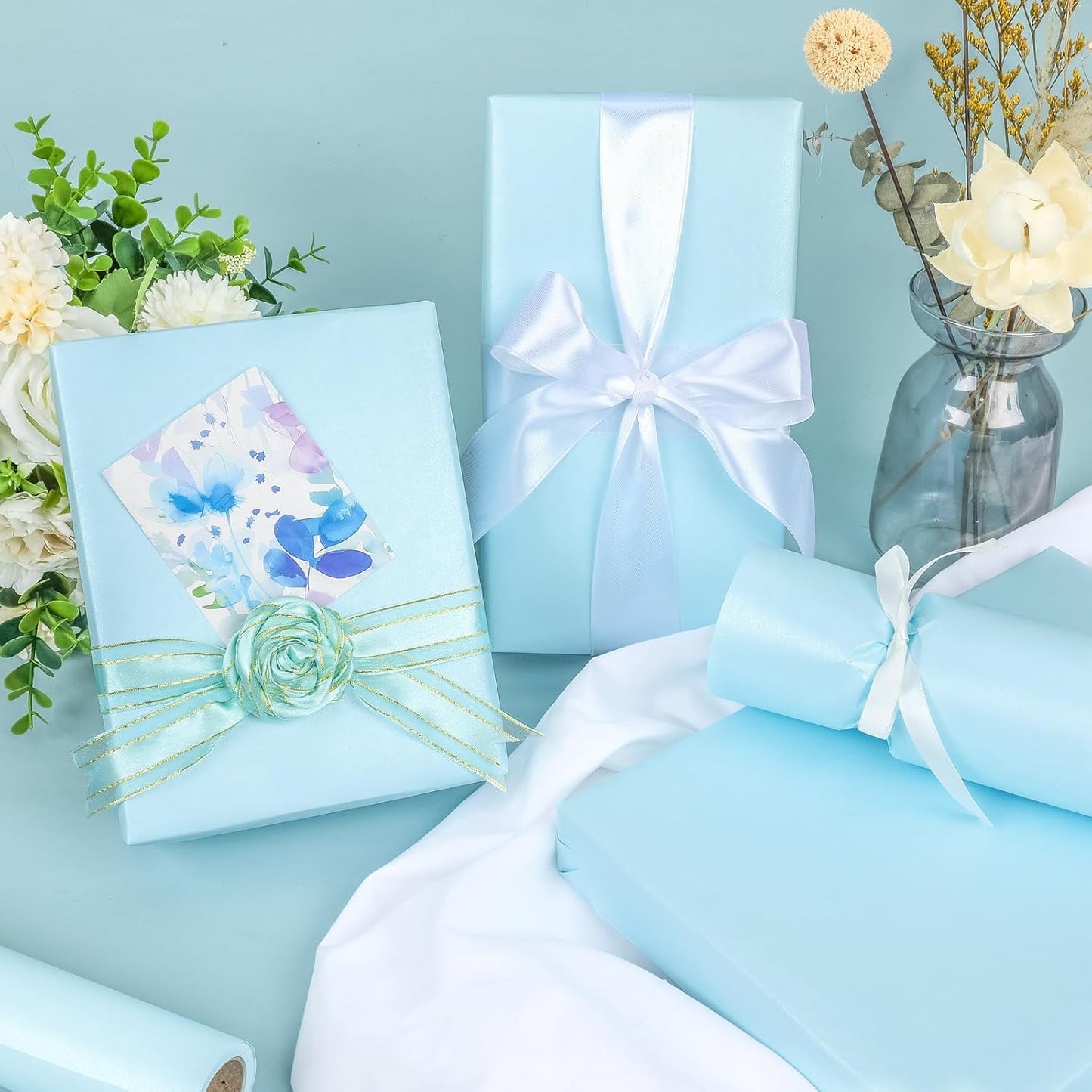 NESCCI Sky Blue Matte Wrapping Paper,Solid Color Pearly-Lustre Paper,Gift Wrapping Paper,Perfect for Wedding,Valentine's Day,Birthday, Christmas,Baby Shower,DIY Bouquet (17 Inches X 32.8 Feet)