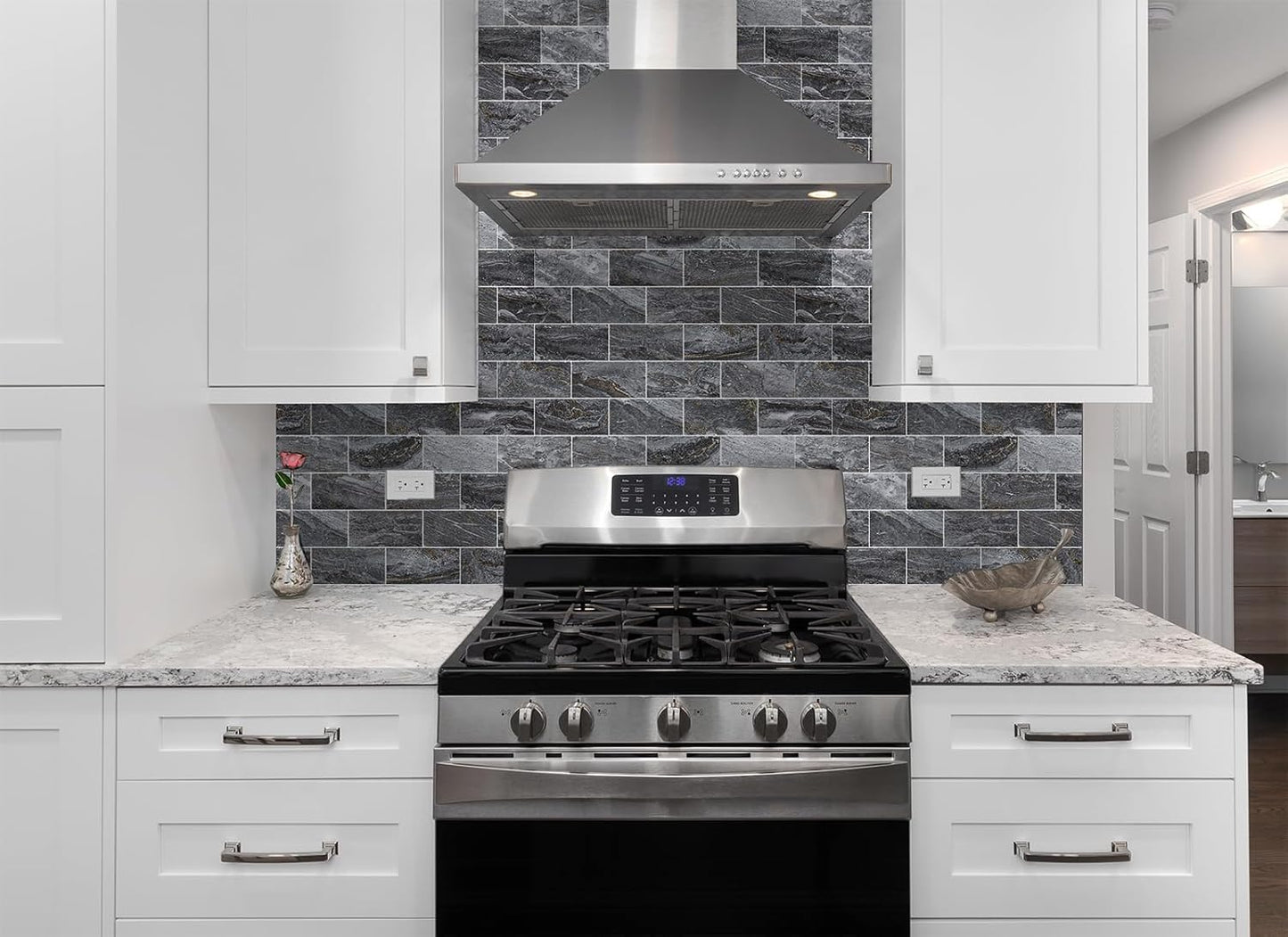 100 Pieces Peel and Stick Backsplash for Kitchen, 3" x 6" PVC Subway Tile 2025 Upgraded Gray-Gold Stone Backsplash Stick on Tile Elevate Kitchen Fireplace RV