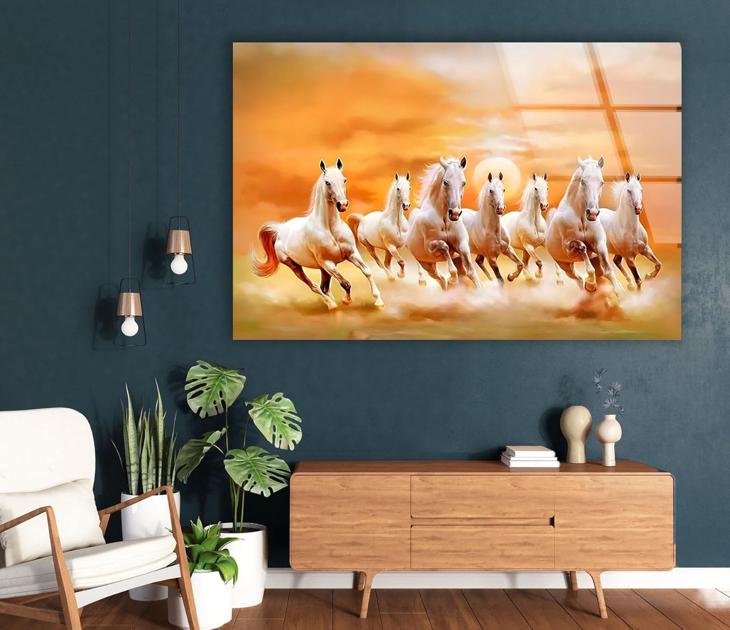 My Photostation.com 35.5Wx30H'' White Horses Running on Sunset Glass Wall ArtTempered Glass Printing Wall Decor Large Wall Art Wall Hangings