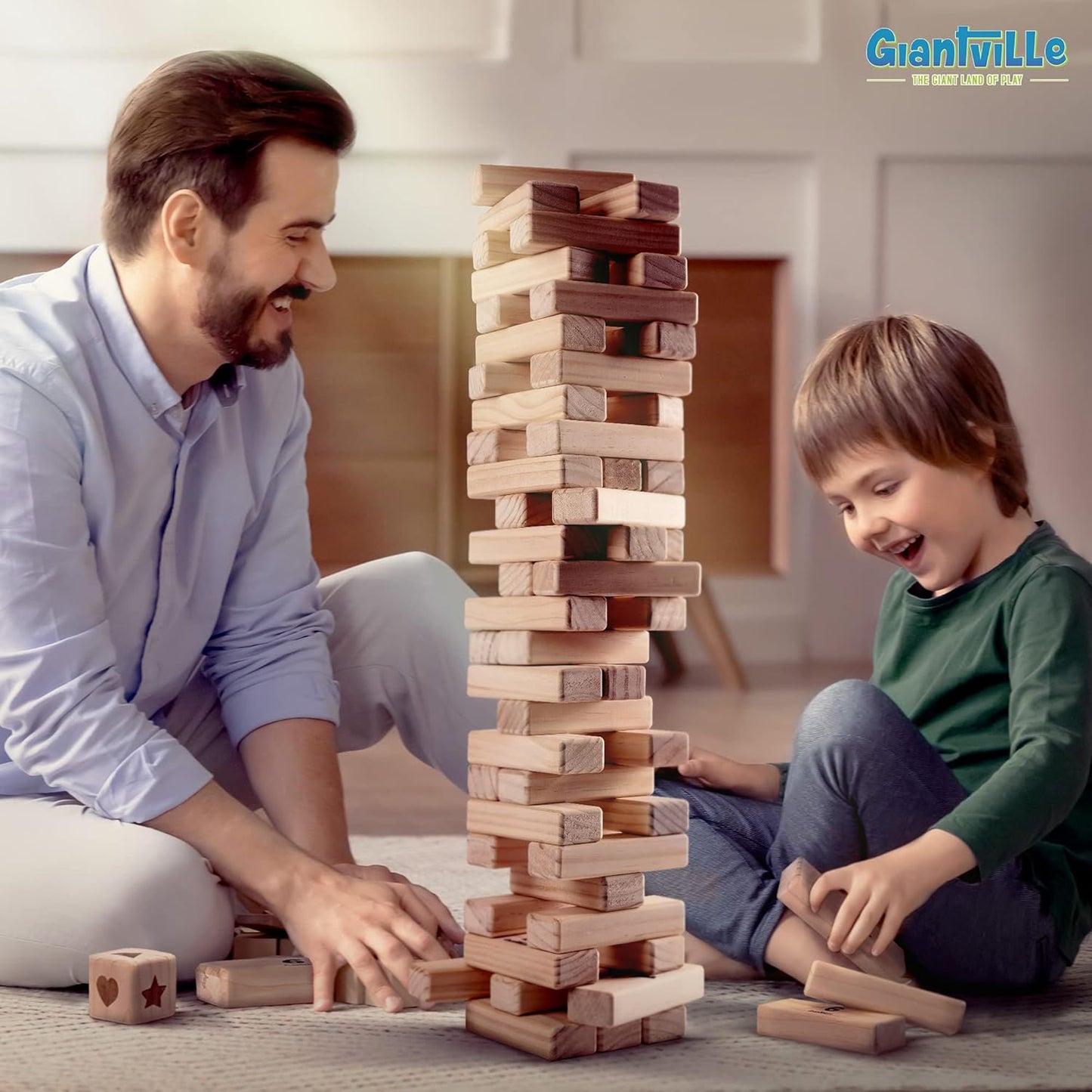 Giantville Giant Tumbling Timber Toy - Premium Pine Wood Life-Size Blocks Tower - Big Floor/Board Indoor/Outdoor Yard Game for Kids & Adults - 54-Pieces + Dice + Carry Bag - Grows to Almost 4-Feet