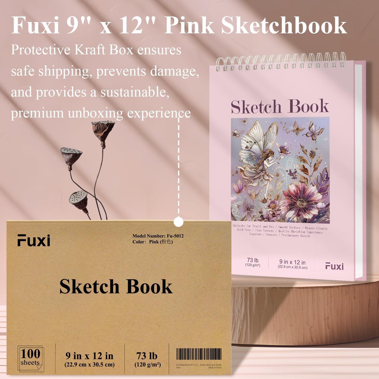 Cute Sketchbook Pink, 9"x12" Sketch Book for Teen Girls, 100 Sheets Girl Sketchbook 73lb/120gsm Drawing Paper for Kids, Art Supplies for Teens 14-16 Girls.
