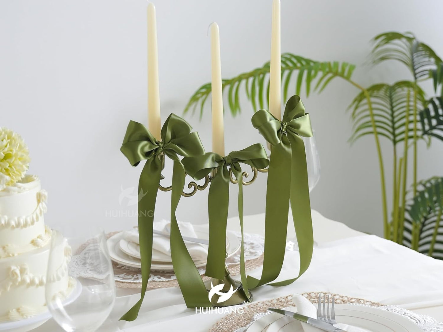 HUIHUANG Green Satin Ribbon 1-1/2 inch x 100 Yards Moss Green Double-Faced Satin Ribbon for Flower Bouquet, Gift Wrapping, Eternal Roses, DIY Crafts, Bridal Shower Wedding Decor