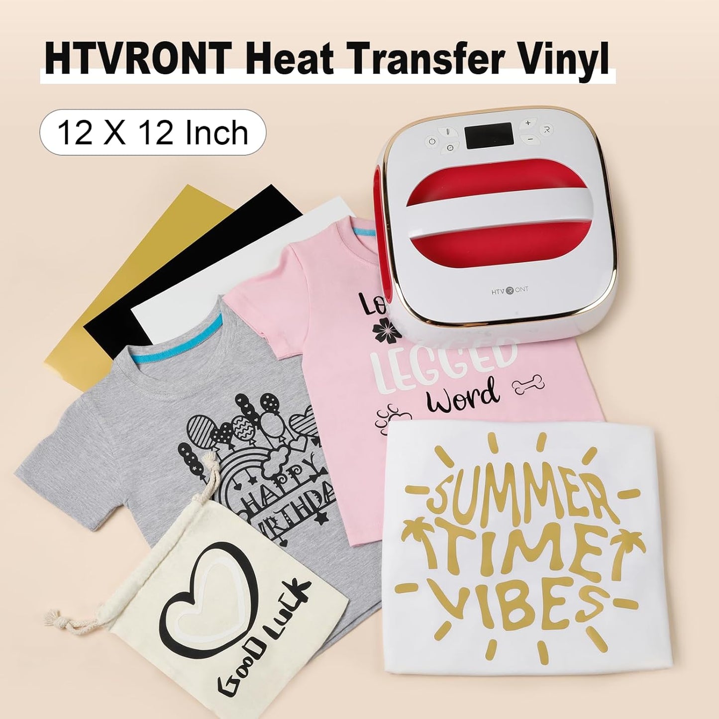 HTVRONT Gold HTV Heat Transfer Vinyl Bundle: 10 Pack 12"x12" Iron on Vinyl for T-Shirt (1 PTFE Sheet Included), PU HTV Vinyl Easy to Cut & Weed for Heat Design