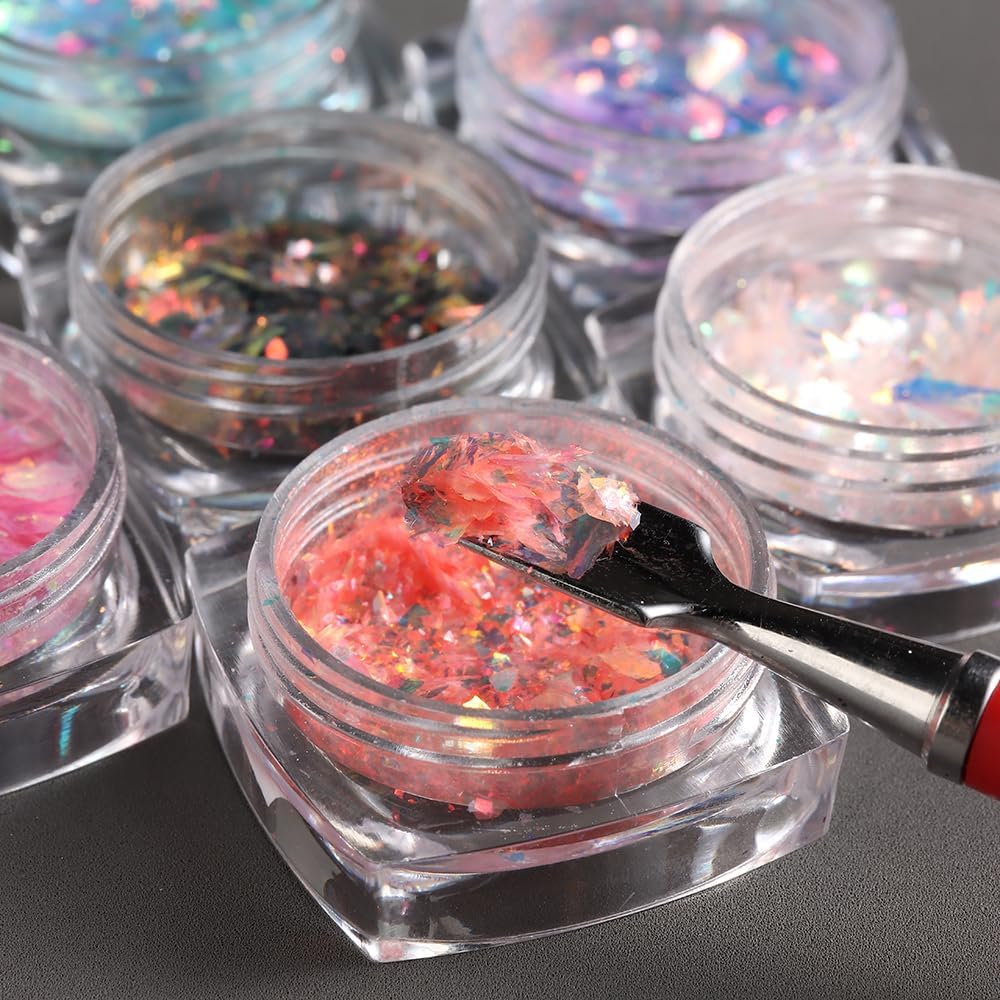 Holographic Iridescent Nail Art Glitter Flakes, 6 Colors Sparkly Ultra-Thin Aurora Foil Nail Art Flakes Designs, Opal Powder Nail Glitters Sequins Acrylic Supplies DIY Manicure Decorations