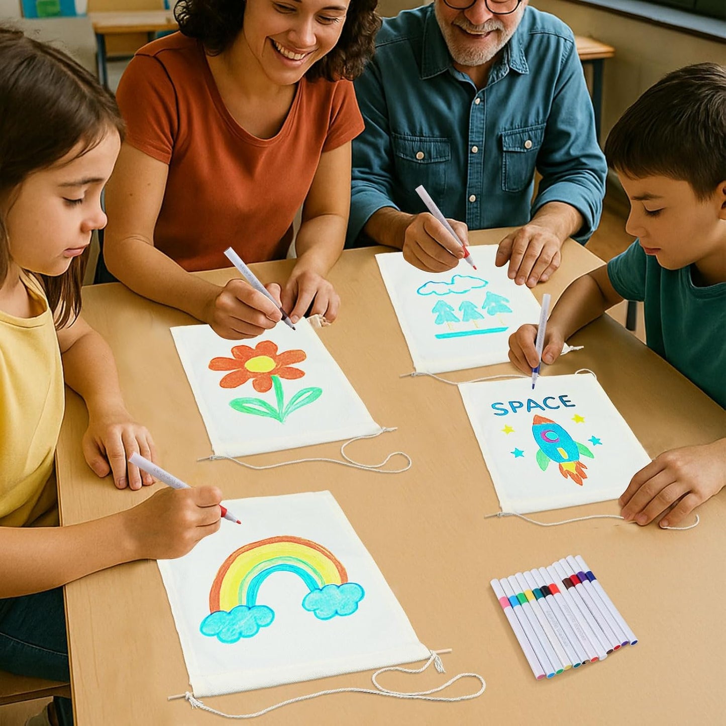 Mindsoft 48 Pcs Blank Canvas Banner Bulk Color Your Own Vertical Banner with Hanger with 12 Colorful Fabric Markers Pens Wall Display Banners for DIY 24 Students Paint Art Classroom School Camp Party