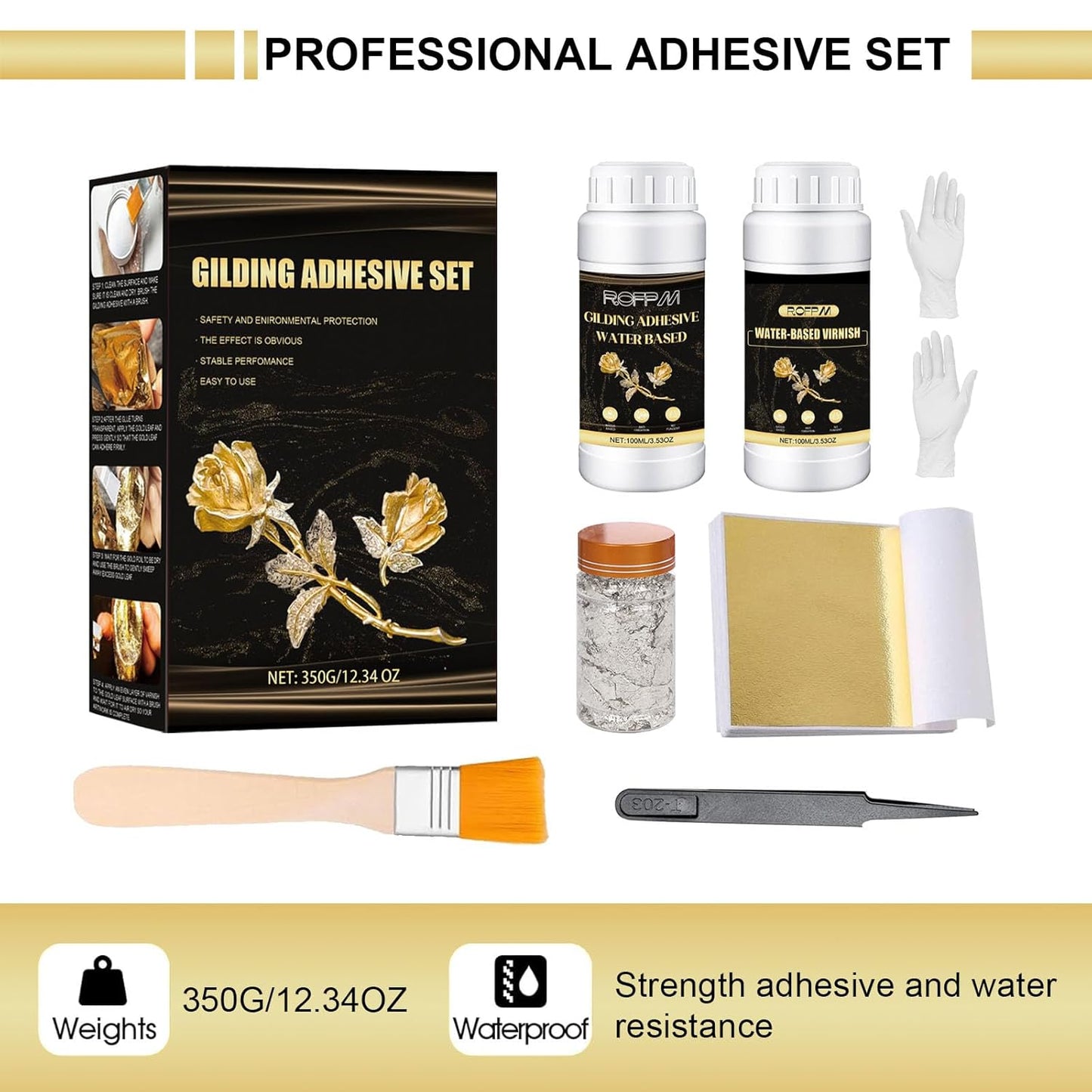 Gilding Adhesive Set Gold Leaf Sheets for Art 100ml Water Based Metal Leaf Glue and 100ml Varnish, Gold Foil Sheets for Crafts 100 pcs, 2 Brushes and 1 Sheet Tweezers