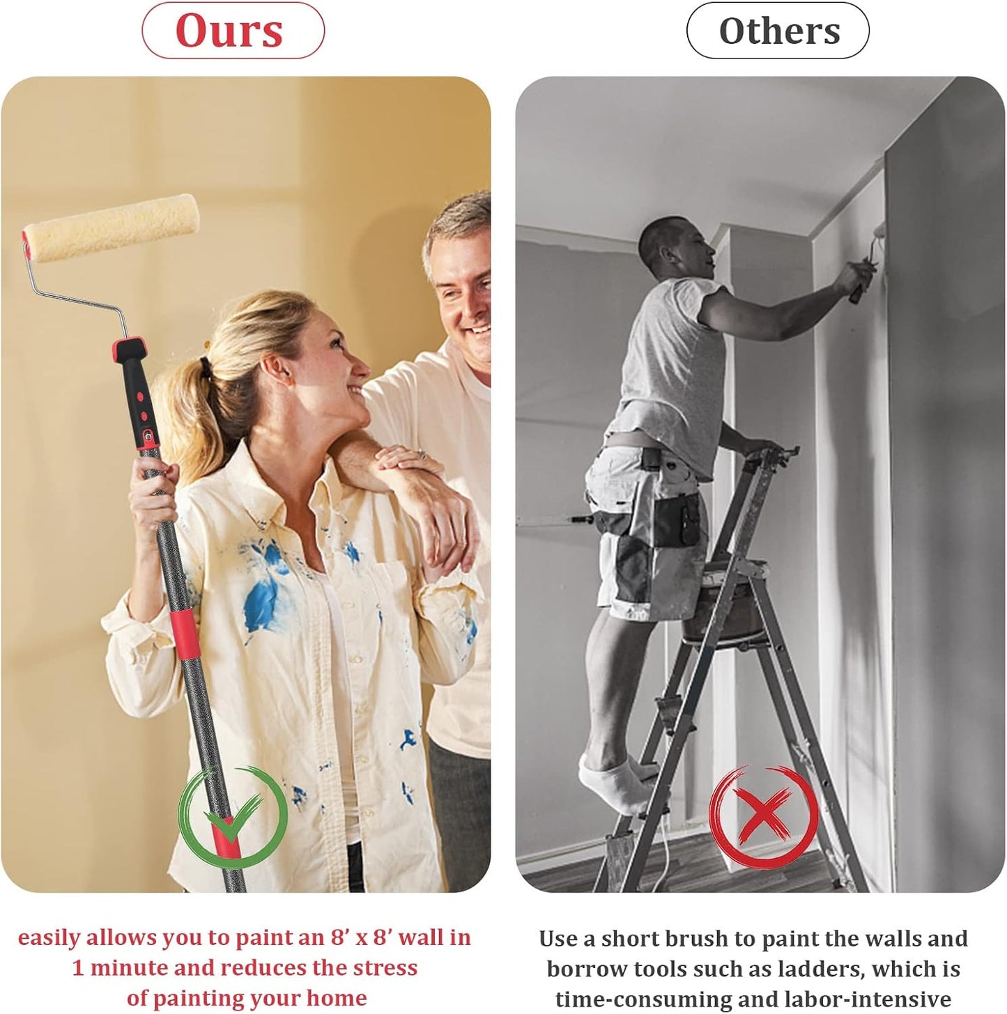 Multi-Function Paint Roller Kit - 72in Stainless Steel Pole, Mural Brush for Walls & Ceiling, No Drip, Grey