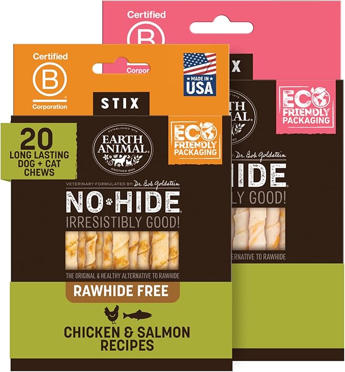 Earth Animal No Hide Stix - Long Lasting Rawhide Free Small Dog Chews Sticks, Chicken & Salmon Variety Bundle - 40 Count Value Pack