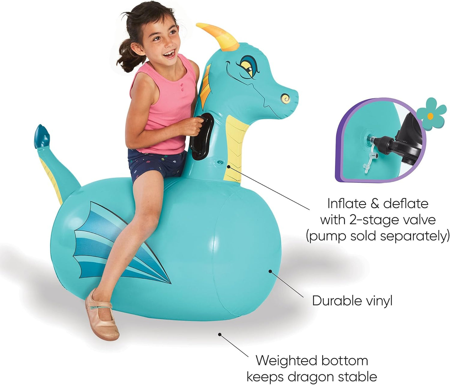 Hearthsong Hop N Go Inflatable Blue Dragon Bouncy Riding, Hopping Toys for Kids Ages 5+ - Ride On Bouncer Animal Hopper Jumping Toys for Outdoor Games