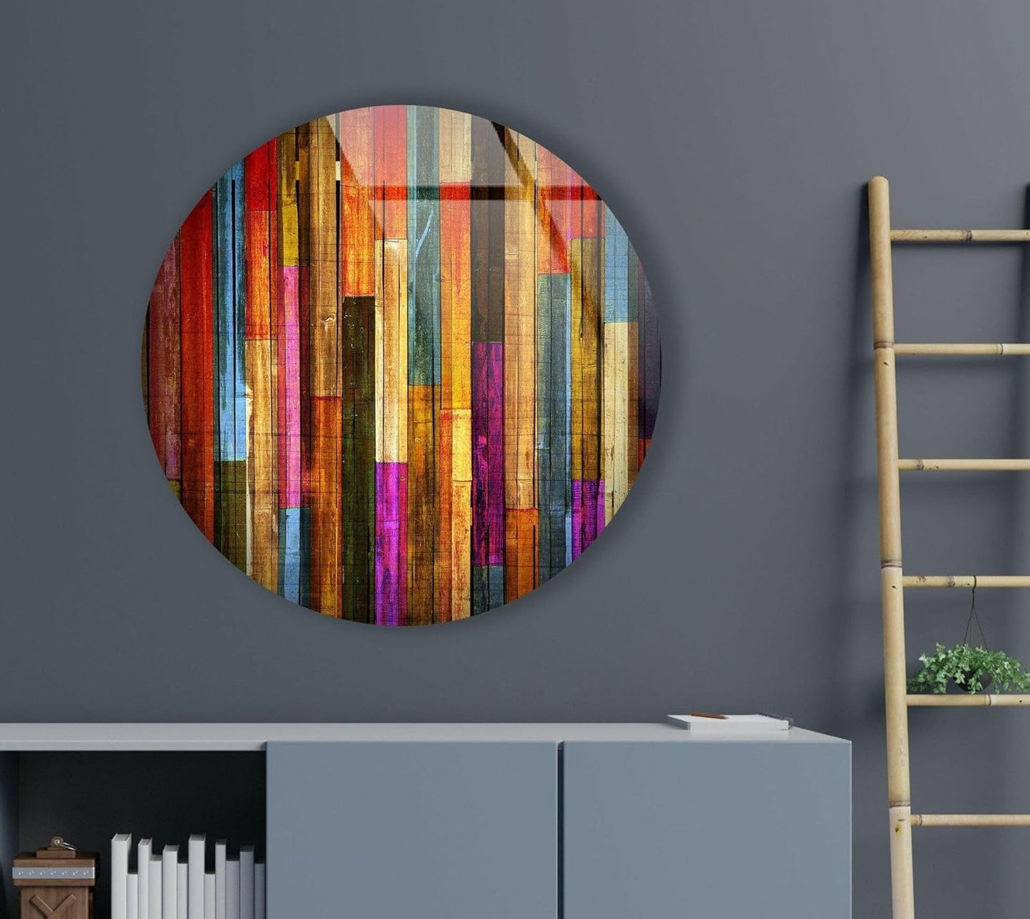 My Photostation.com 31.5''(80cm) Diameter Colorful Wood Pattern Round Glass Wall Art Tempered Glass Printing Wall Decor Large Wall Art Wall Hangings