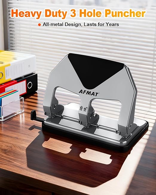 AFMAT 3 Hole Punch Heavy Duty, 50-Sheet Three Hole Punch, 50% Reduced Effort, 10,000+ Uses, 9/32" Holes, S.S. Paper Guide, 3 Hole Puncher for Binder, Metal Hole Puncher for Home Office School HP20
