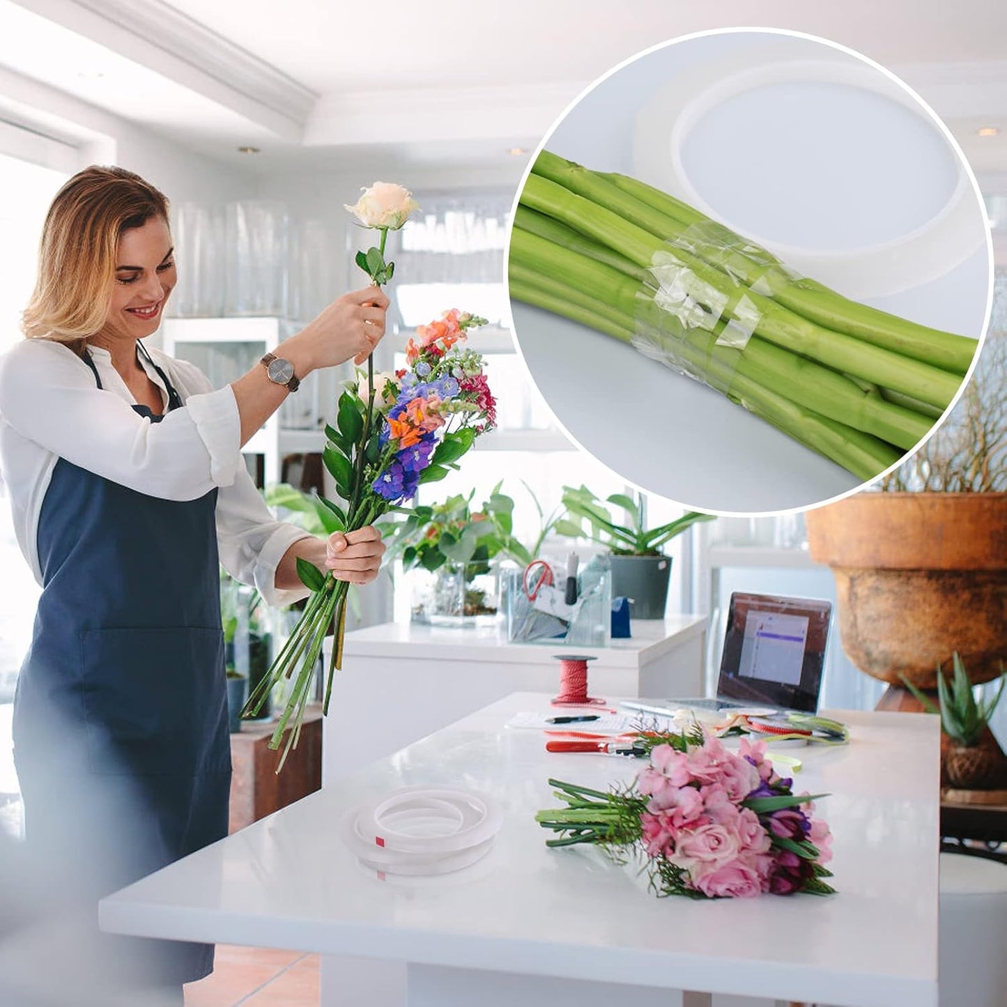 GLAMFIELDS 2 Rolls 1/4" 60Yd Floral Tapes,Clear Floral Tape,White Floral Tape for Bouquet Stem Wrap, Waterproof Florist Tape for Flower Arrangements Supplies Craft Corsages Wedding 60 Yd/Roll