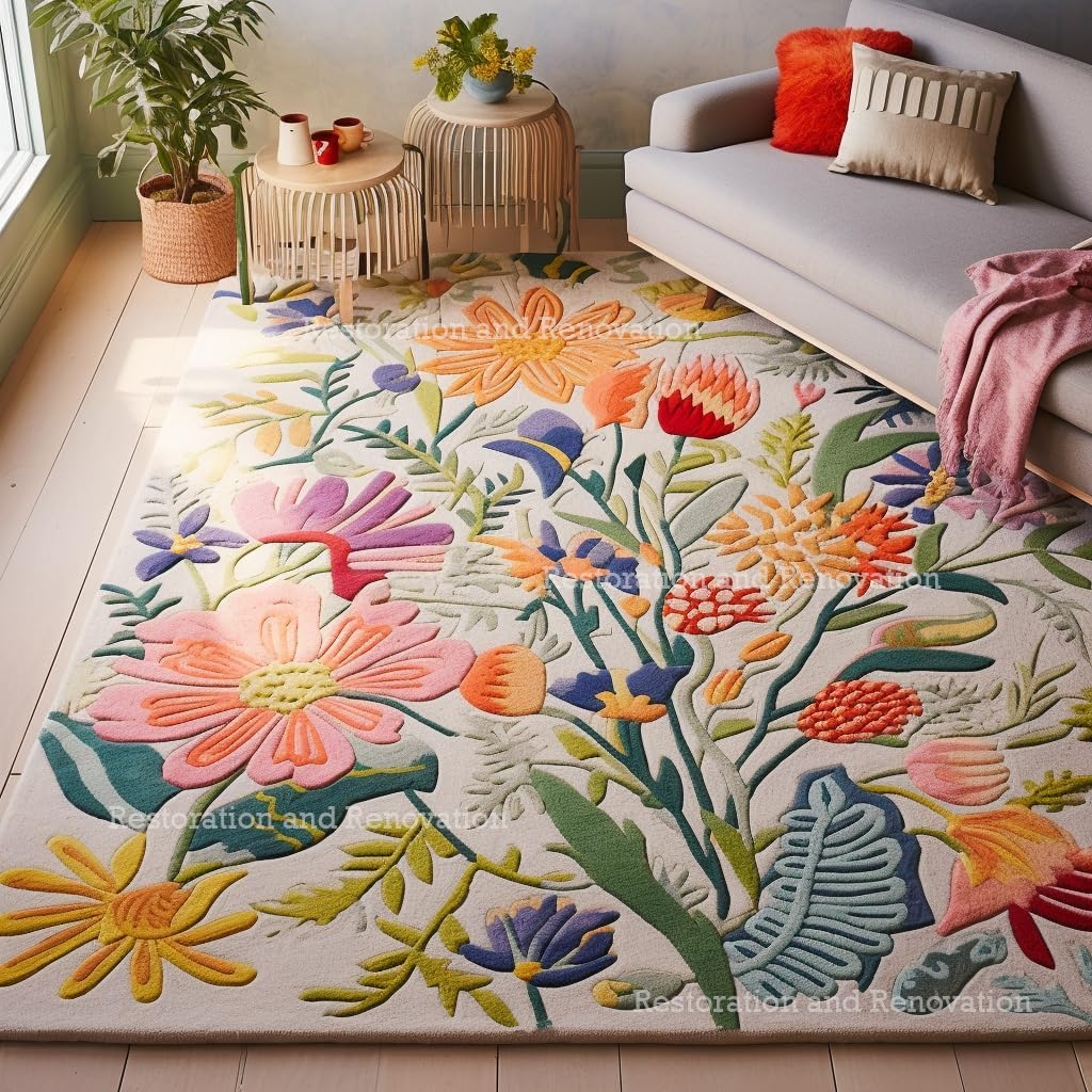 Handmade Wool Floral Area Rug for Living Room | Elegant Flower Garden Design, Soft, Thick and Durable | Bedroom, Dining Room & Home Decor Carpet (5' Round, Floral B)