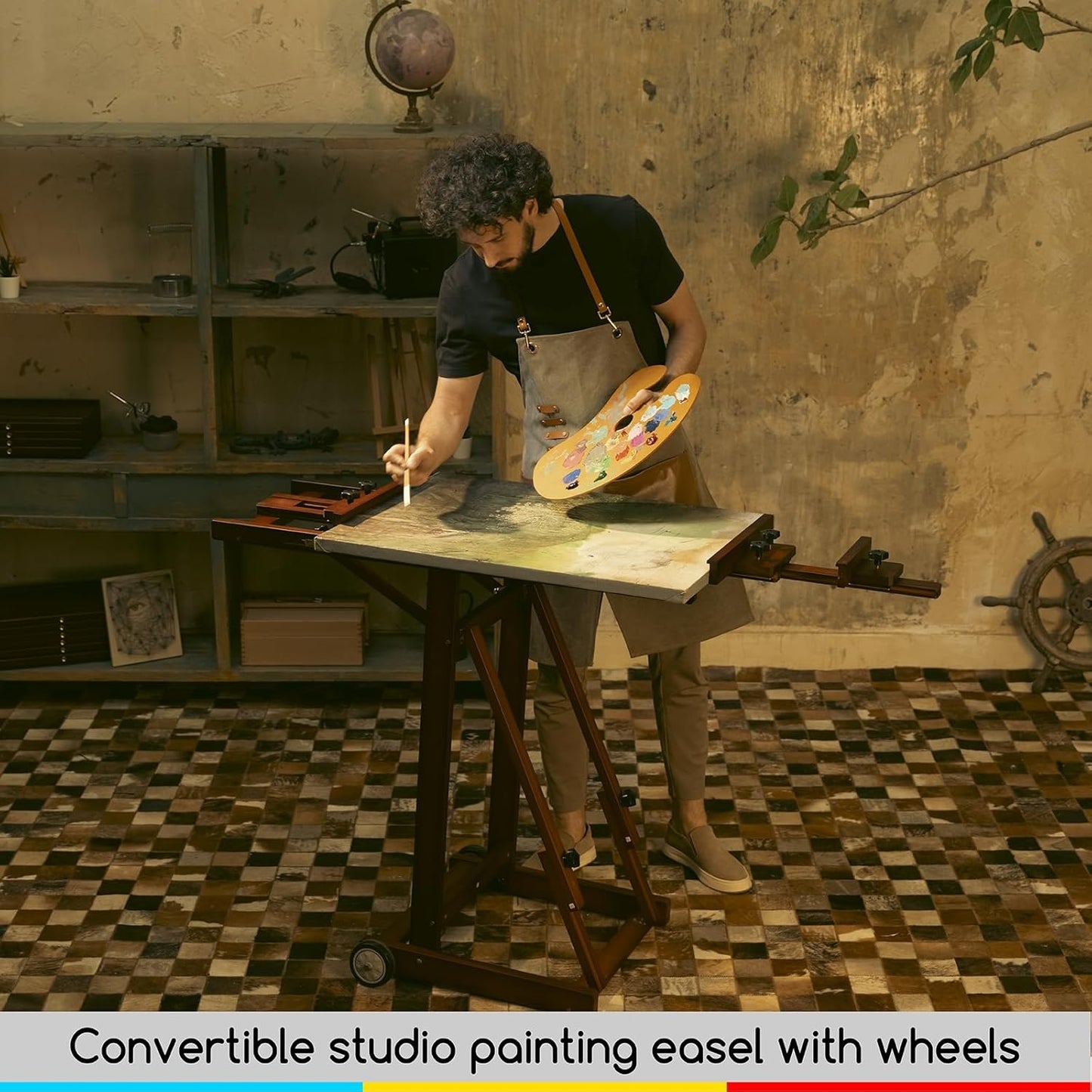 MEEDEN Multi-Function Studio Easel,H-Frame Easel,Painting Easel for Adults,Artist Easel,Floor Easel,Solid Beech Wooden Easels w/Front Wheels,Holds Canvas Art up to 77" - Walnut