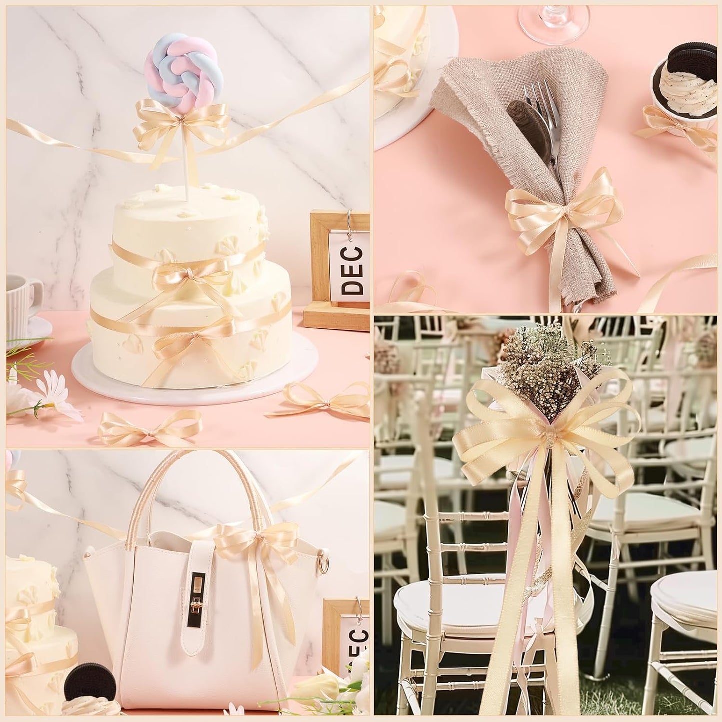 120 Yards Champagne Ribbon 3/8 Inch Thin Gold Satin Ribbon Craft Fabric Christmas Ribbons for Hair Bow Making Gift Wrapping Floral Bouquet Party Birthday Graduate Gift 2025 Decorations