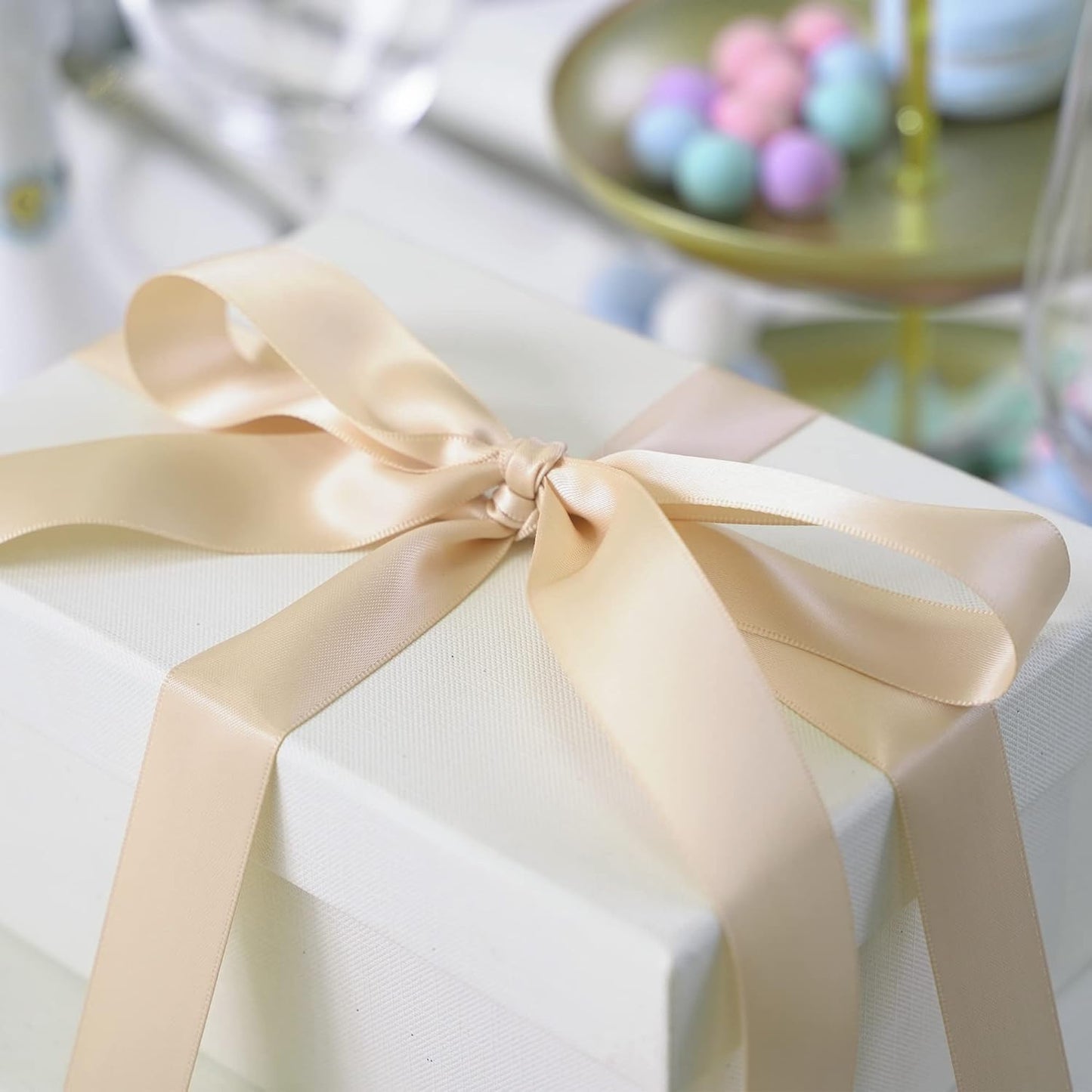 HUIHUANG Champagne Satin Ribbon 1 inch Silk Satin Ribbon 50 Yards Double Face Satin Ribbons for Wedding Decor Christmas Gift Wrapping Tree Decor Bows Bridal Floral Bouquet Invitation Card Party