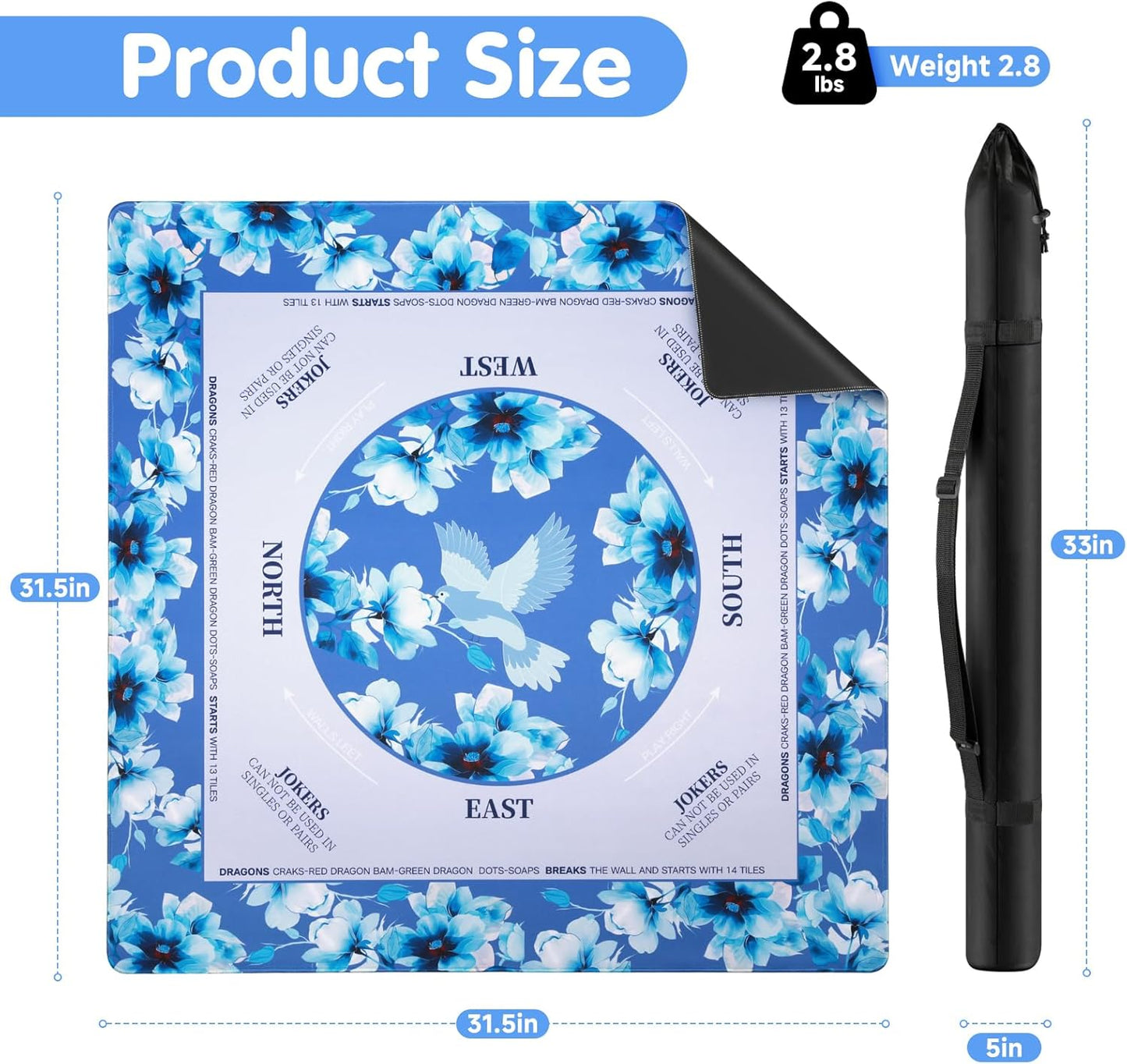 Mahjong Mat for Table 31.5x31.5Inch,Anti-Slip, Noise-Reducing American Mahjong Mat with Rules, Mahjong Table Mat with Carry Bag,Neoprene Mahjong Mat for Poker, Cards, Board.(Blue)