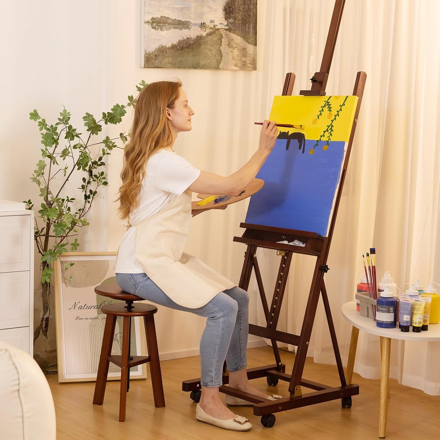 H-Frame Studio Easel, Beechwood Artist Easel with Wheels and Storage Tray, Adjustable Floor Easel Stand Holding Canvas up to 51Inches for Painting, Brown