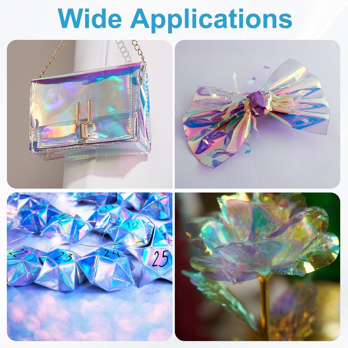 MECCANIXITY Iridescent Window Film,12" x 39" Iridescent Holographic PVC Fabric Dichroic Film Clear Vinyl Paper Roll for DIY Craft Gift Wrapping Bag Decoration,Blue