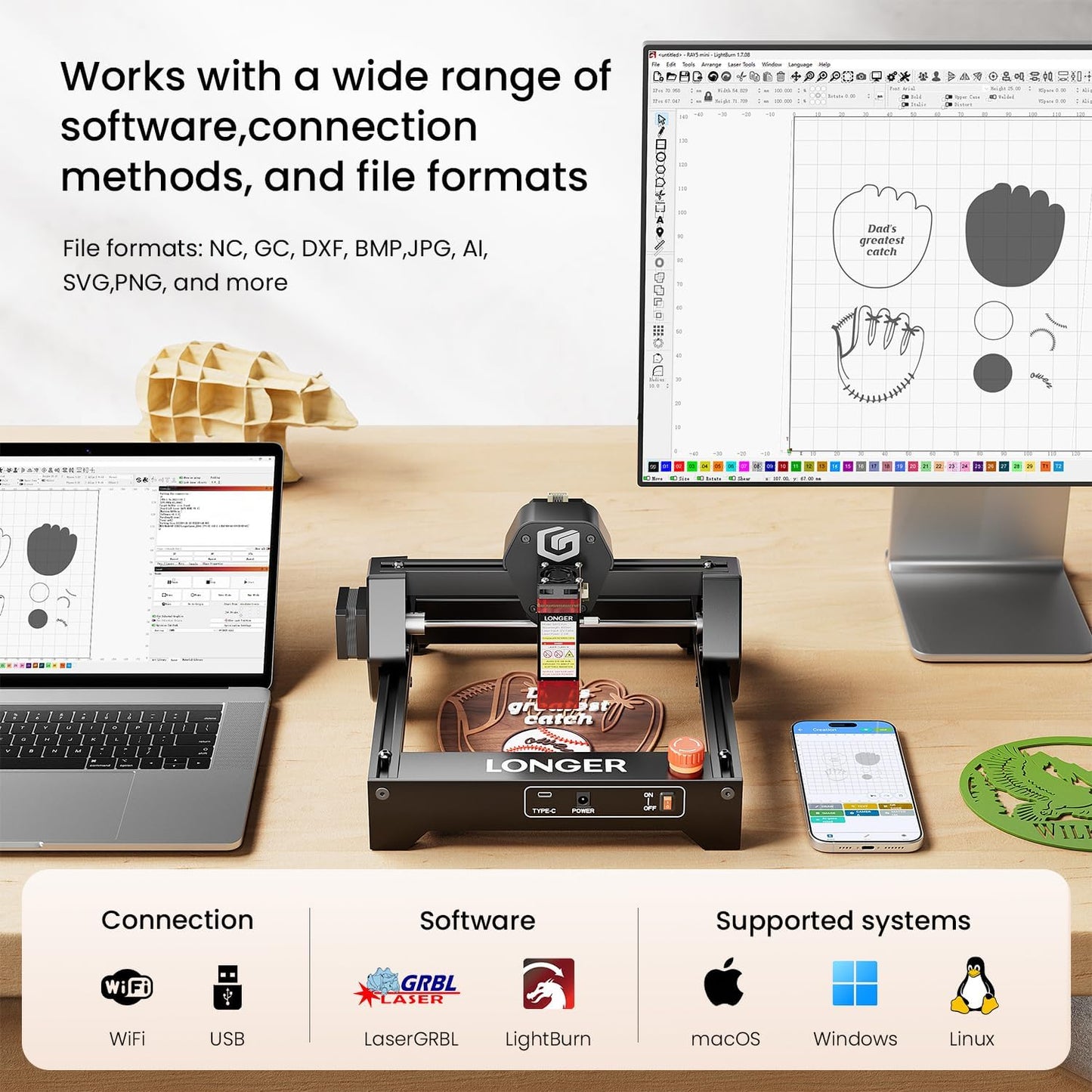 LONGER Ray5 mini Laser Engraver, 12000mm/min High-Speed Cutter for Wood, Metal, Acrylic, Leather, DIY CNC, 130x130mm Engraving Area, WiFi, Emergency Stop Safety (5.5W) Diameters