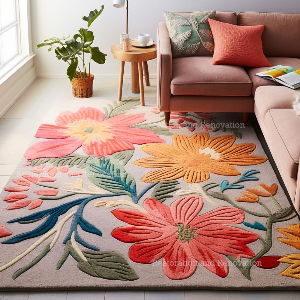 Handmade Wool Floral Area Rug for Living Room | Elegant Flower Garden Design, Soft, Thick and Durable | Bedroom, Dining Room & Home Decor Carpet (5' x 8', Floral A)