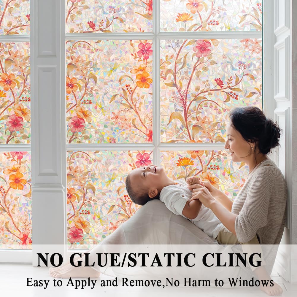 Stained Glass Window Film Static Cling Door Privacy Film Decorative Flowers Red Leaves Window Decals Stickers Heat Control Anti UV for Home and Office,17.5 inches by 78.7 inches