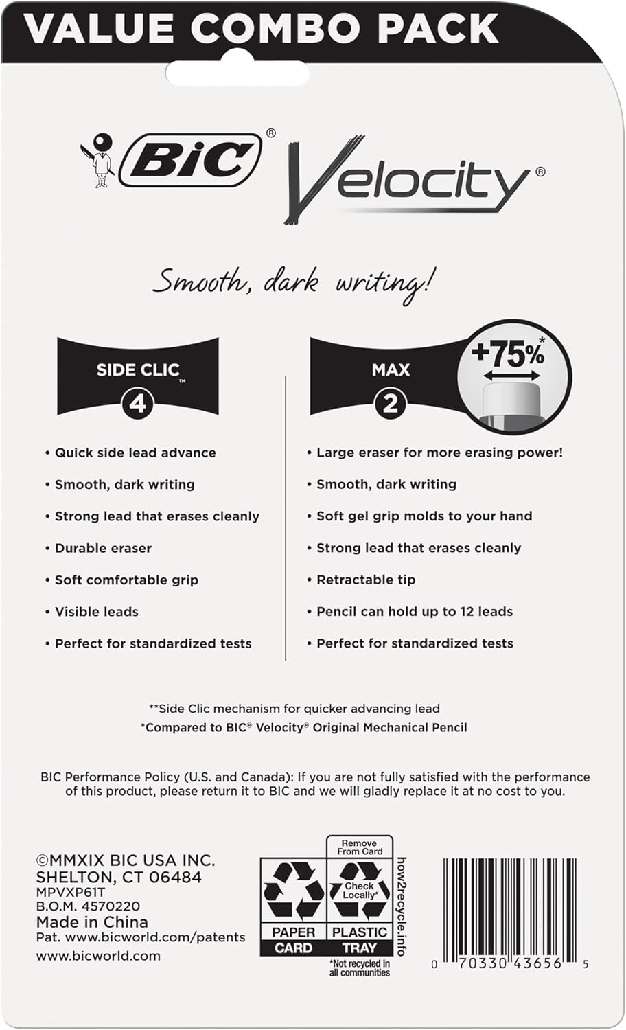 BIC Velocity Mechanical Pencils, With Colorful Barrel, Medium Point (0.7mm), 6-Count Pack Mechanical Pencils With Eraser and Lead Refills