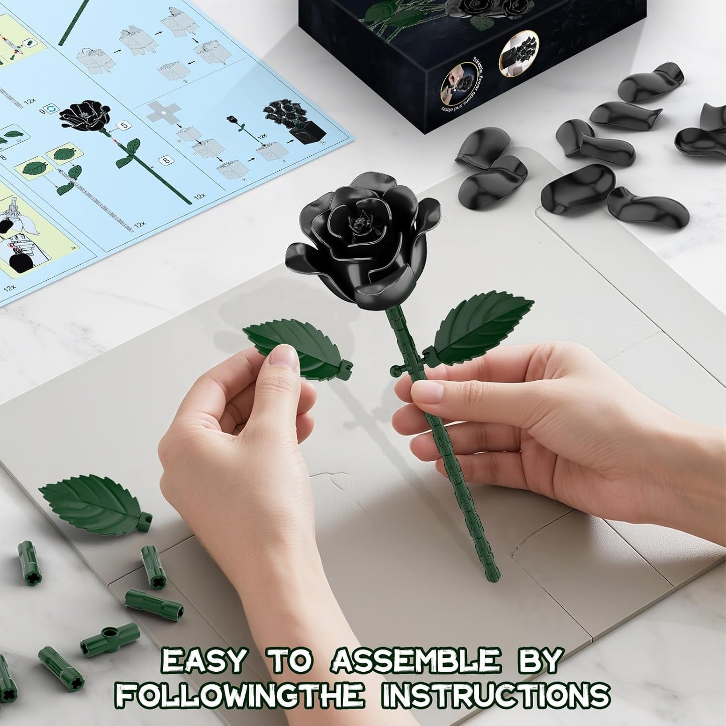 Black Rose Bouquet Building Blocks, Artificial Roses Flowers Botanical Collection Building Set, Gothic Home Decor, Christmas Halloween Birthday Present for Adults Kids Lover