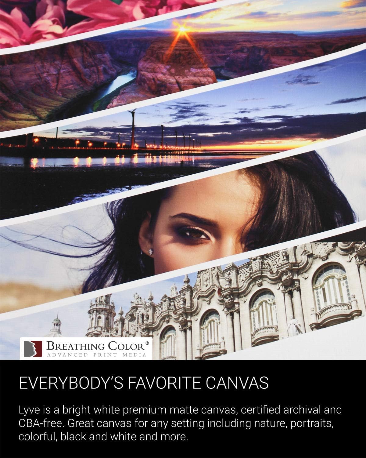 Premium Lyve Matte Canvas Paper Perfect For Use on Professional Makes and Models of Epson, Canon and HP printers preferred by Professionals. 19 mil textured Canvas offered in a 54 inch by 40 ft roll