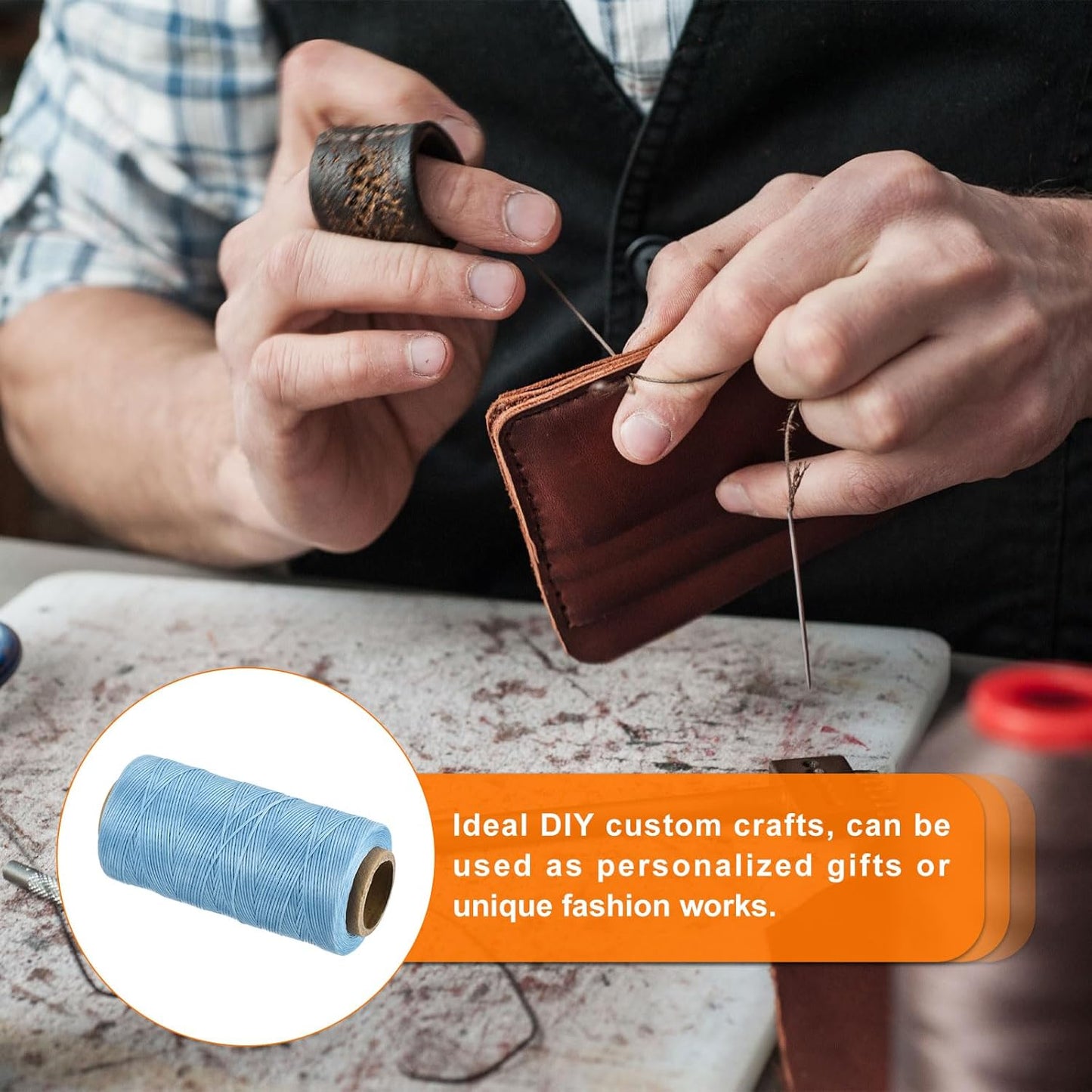 MECCANIXITY Waxed Thread,197 Yard 1mm 210D Flat Wax Thread Polyester Waxed String for Leather Sewing Hand Weaving Book Binding Home Decoration,Light Blue