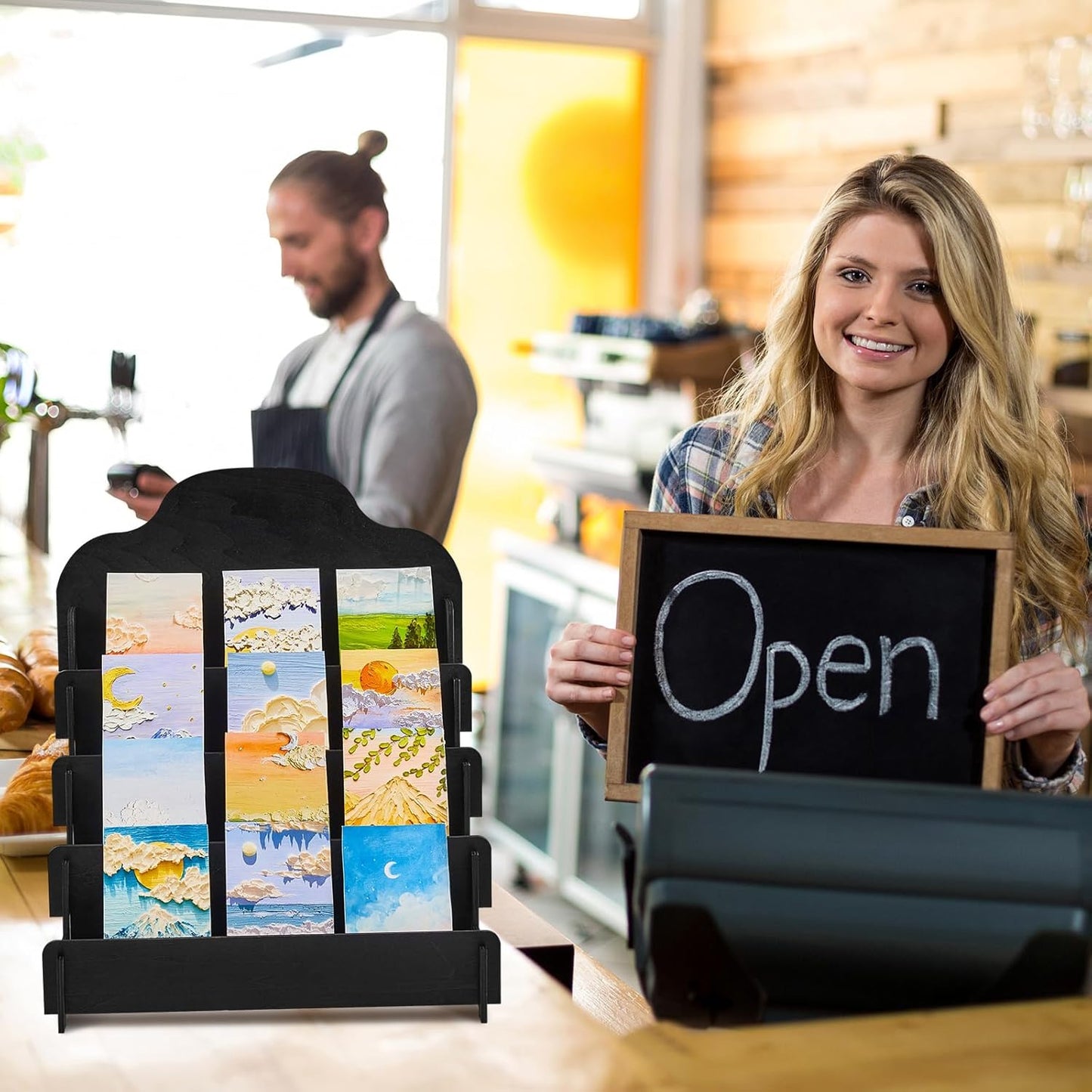 Barydat 2 Pcs 4 Tier Greeting Card Display Stand Wooden Sticker Display Stand Portable Card Display Rack for Vendors Retail Counter Table Display Trade Shows Showcase (Black,11.8 Inch)