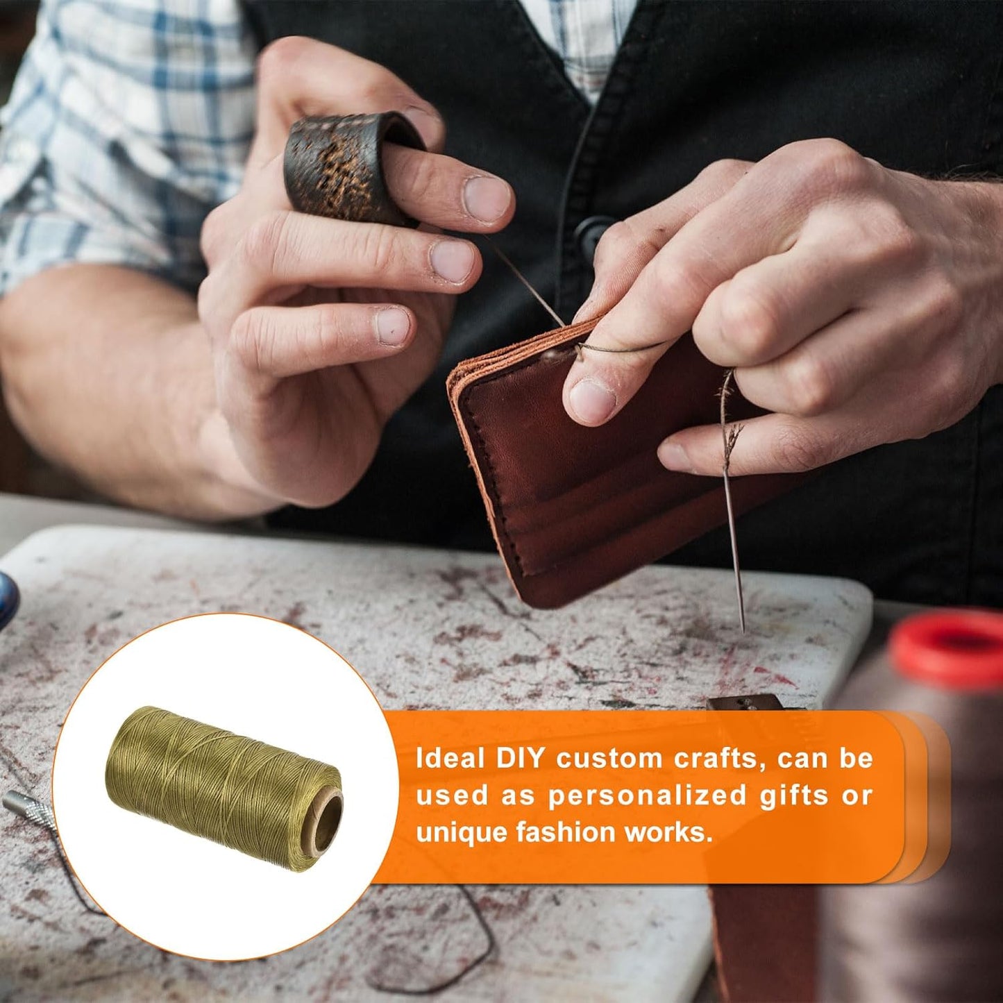 MECCANIXITY Waxed Thread,284 Yard 0.8mm 150D Flat Wax Thread Polyester Waxed String for Leather Sewing Hand Weaving Book Binding Home Decoration,Deep Khaki