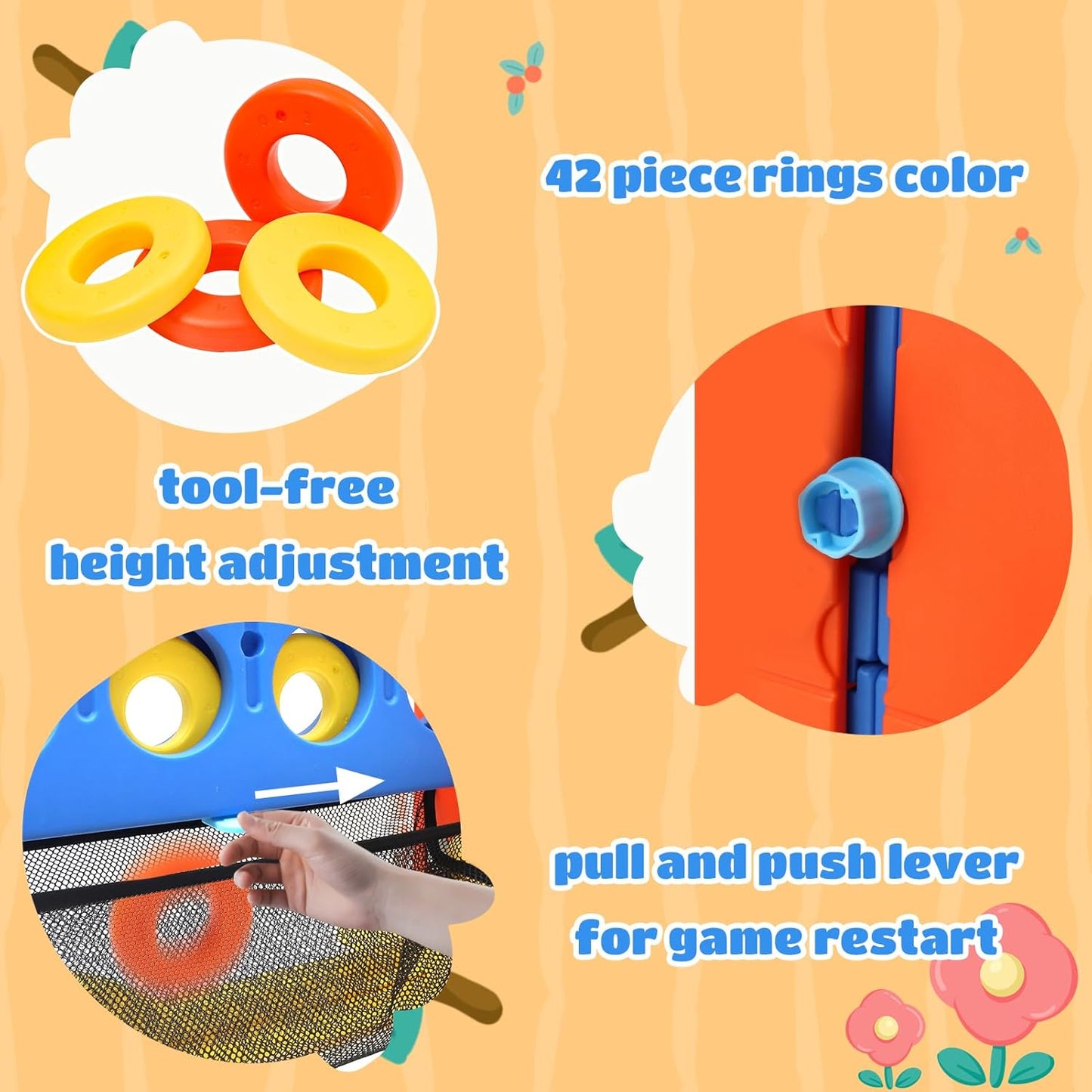 Ancaixin Giant 4 in-A-Row Connect Game Set, Adjustable Height Jumbo Yard Game with Basketball Hoop, Golf, Mesh Pocket & Ring Toss, Indoor Outdoor Family Backyard Party Game for Kids and Adults, Blue