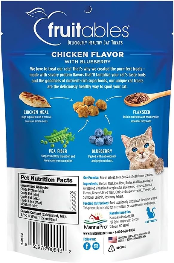 Fruitables Crunchy Low Calorie Treats Packed with Protein For Cats Healthy Free of Wheat, Corn and Soy – Made with Real Chicken with Blueberry – 2.5 Ounces