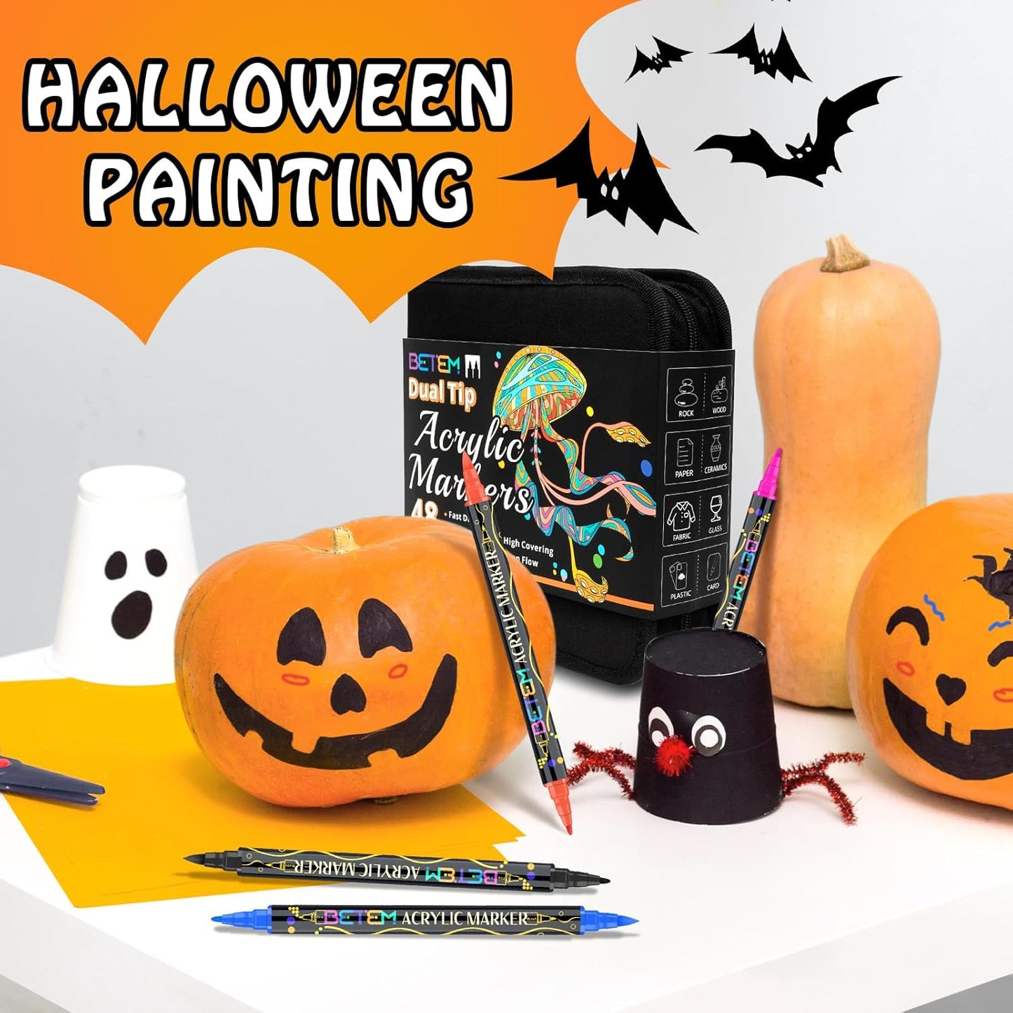 Betem Paint Markers Acrylic Paint Pens, Dual Tip 48 Colors Acrylic Markers with Brush Tip and Fine Point, Art Supplies for Wood, Canvas, Stone, Glass, Rock Painting Kit DIY Crafts Drawing Kit with Bag