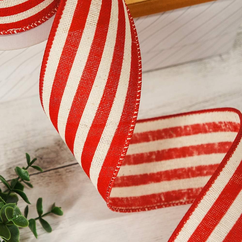 CT CRAFT LLC Striped Canvas Cotton Ribbon 2.5" x 10 Yards Ivory/Red Stripes for Thanksgiving Christmas Home Décor Gift Wrapping Outdoor Tree Topper Bow Wreath