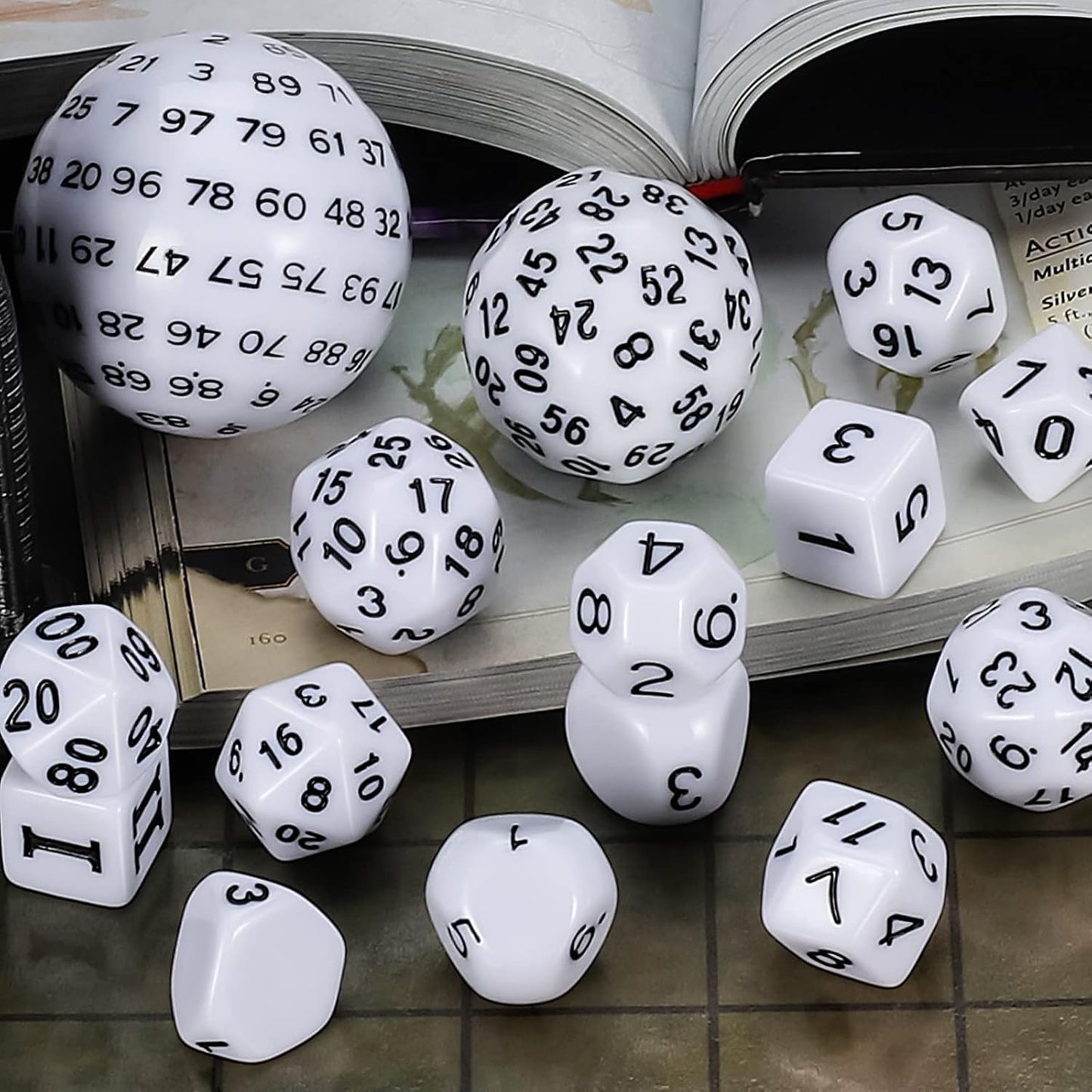 CiaraQ DND Polyhedral Dice Set (15pcs) D4-D100 Game Dice with Dice Bag for Dungeons and Dragons Role Playing Table Games (White & Black)