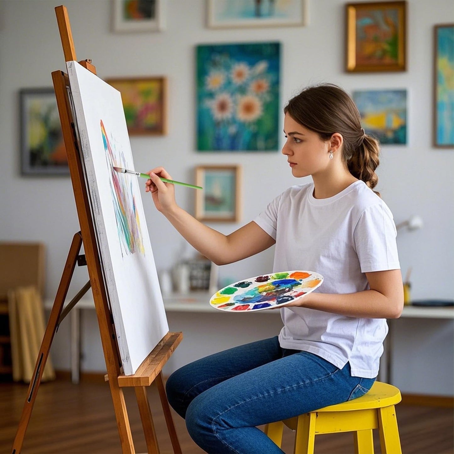 Paint Brushes Set of 25 Pieces Wooden Handles Brushes,Professional Artist Series with Filbert, Fan, Dagger, Cat Tongue, Round, Angle, Wide Flat Canvas Roll Bag & Palette Knife