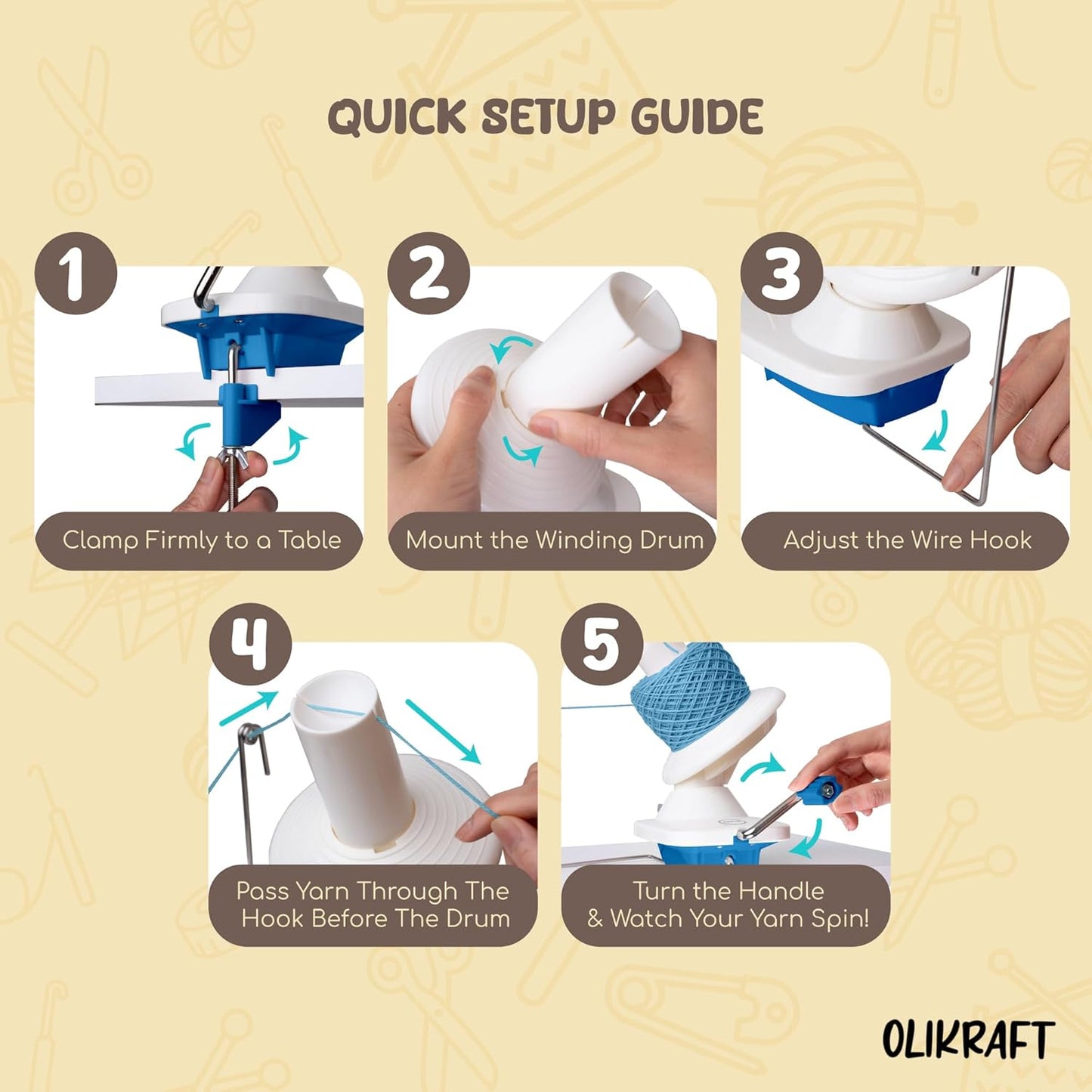 Olikraft Manual Yarn Winder | Yarn Ball Winder, Roller, Baller Crochet Spinner for Crocheting | Clamp for 1 3/4" Surfaces | Create Cakes up to 4oz