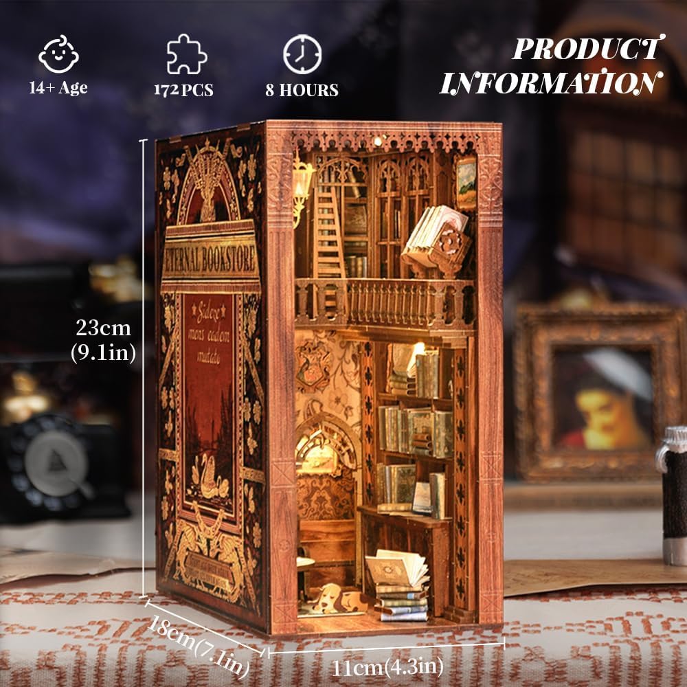 Fsolis Book Nook Kit DIY Miniature House Kit, 3D Wooden Puzzles for Adults, 172 Pieces, Booknook Craft Diorama Bookshelf Insert and Bookends, Gifts for Women Book Lovers(Eternal Bookstore)