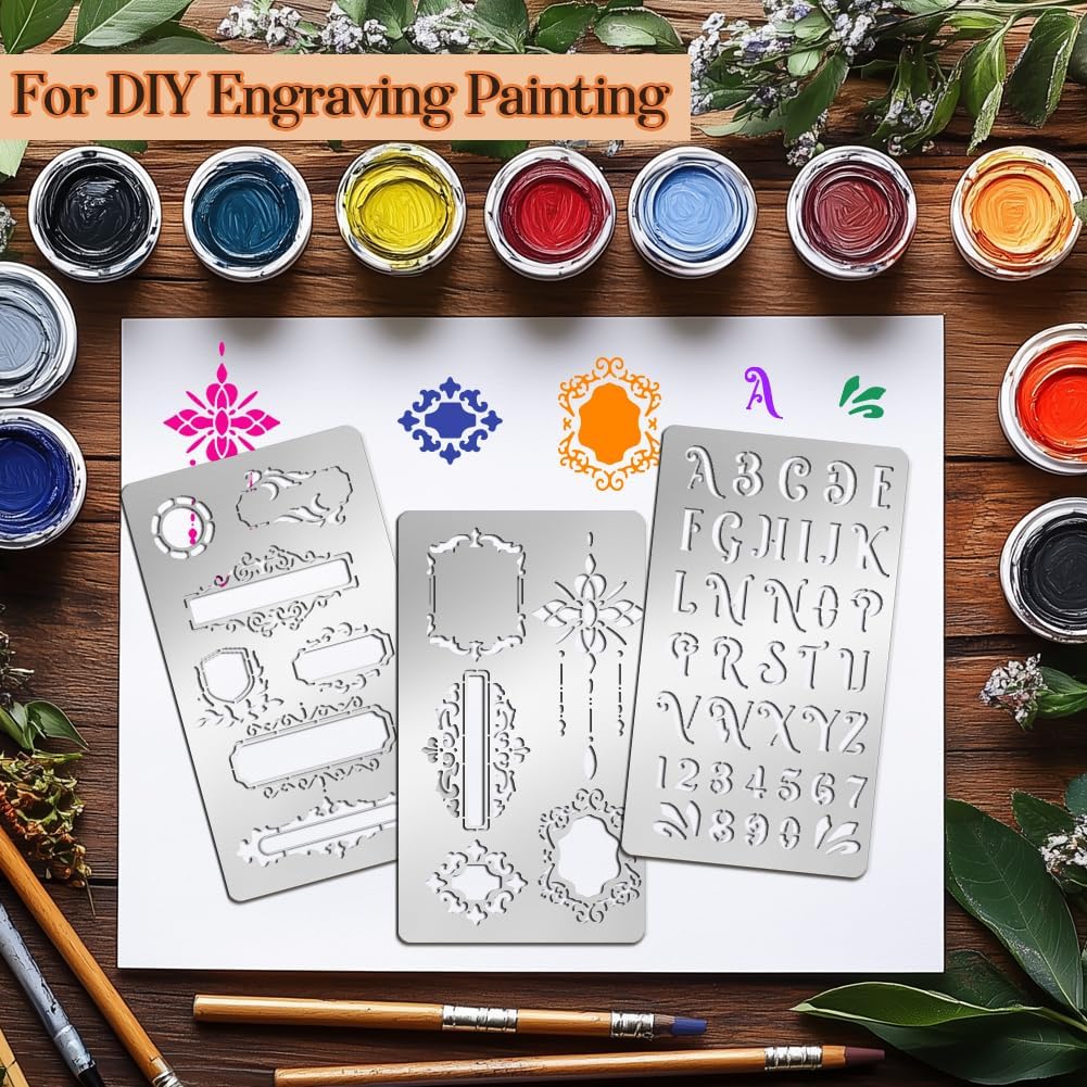9PCS Metal Stencils Wood Burning Stencil Journal Border Stencils Letter Stencil Engraving Templates for Painting Scrapbooking Bookmark Flower Vines DIY(4 x 7 Inch)