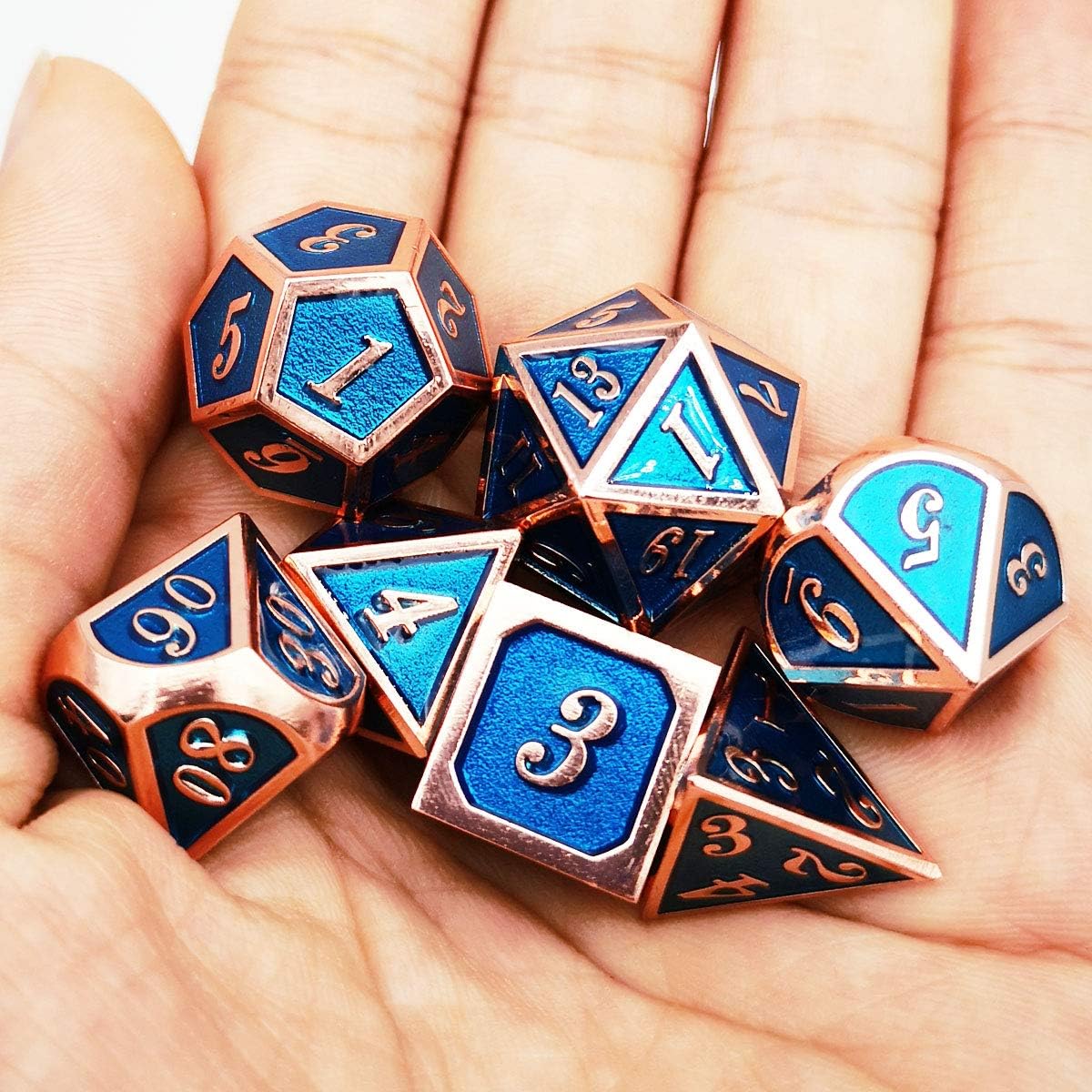 Haxtec Metal DND Dice Set Heavy D&D Dice for Dungeons and Dragons Pathfinder Roleplaying Table Games-Enamel Dice Copper Blue