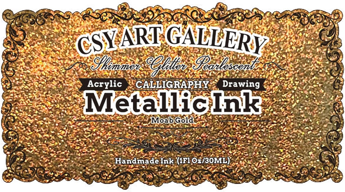 CSY Art Gallery Fast Drying Acrylic Metallic Finish Ink-Liquid Gold Leaf Paint-Calligraphy Inks for Metal, Wood, Plastic, Canvas (Moab Gold)