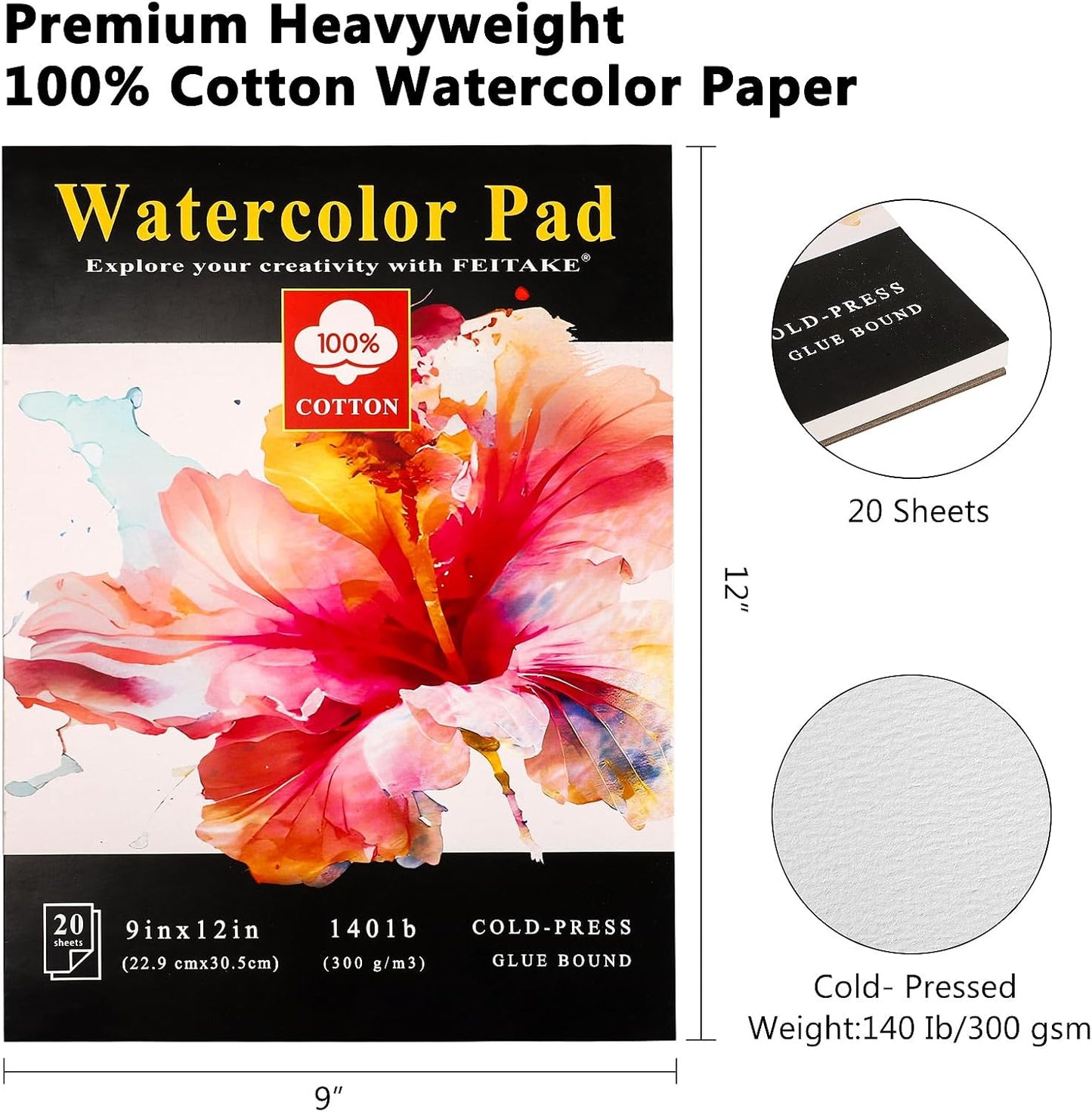 FEITAKE Watercolor Sketchbook 9"x12" Watercolor Paper Pad 100% Cotton/Cold Pressed /140lb (300gsm)/ Acid Free Artist Grade Water Color Art Drawing & Painting Paper -20 Sheets Pack