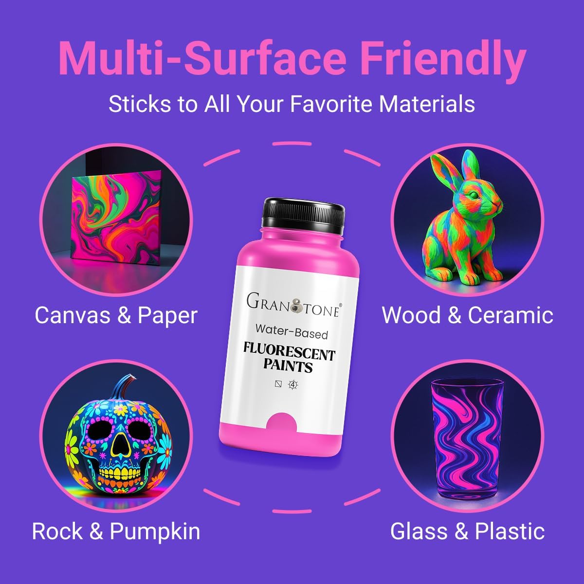 GRANOTONE Neon Fluorescent Acrylic Paint Set - 6 Colors, 8 oz Each | Glows in Black Light | Non-Toxic & Vibrant Paint | Ideal for Art, Crafts, Kids, & Hobbyists | Made in India