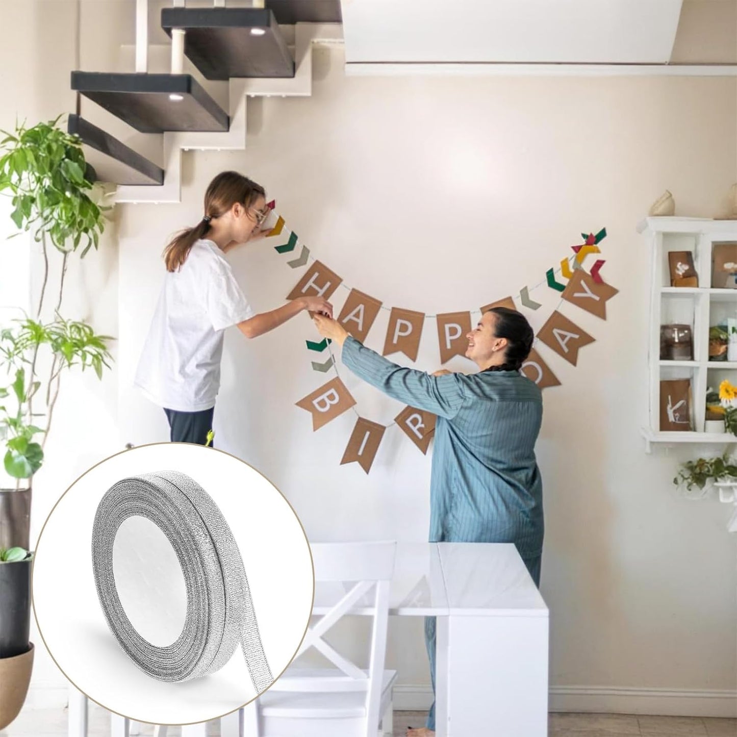 3/8 Inch Silver Glitter Ribbon 50yard (2rolls) Sparkly Metallic Fabric Ribbons Silver Organza Shimmer Sheer Ribbon for Gifts DIY Party Wrapping Wedding Decoration and Crafts