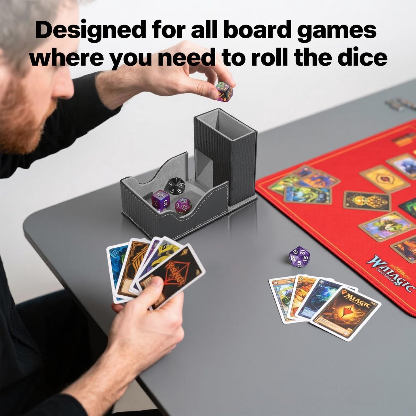 Dice Tower and Tray, Portable Commander Deck Box, Foldable Dice Storage Box for Dungeons and Dragons Rolling Tray Black/Grey