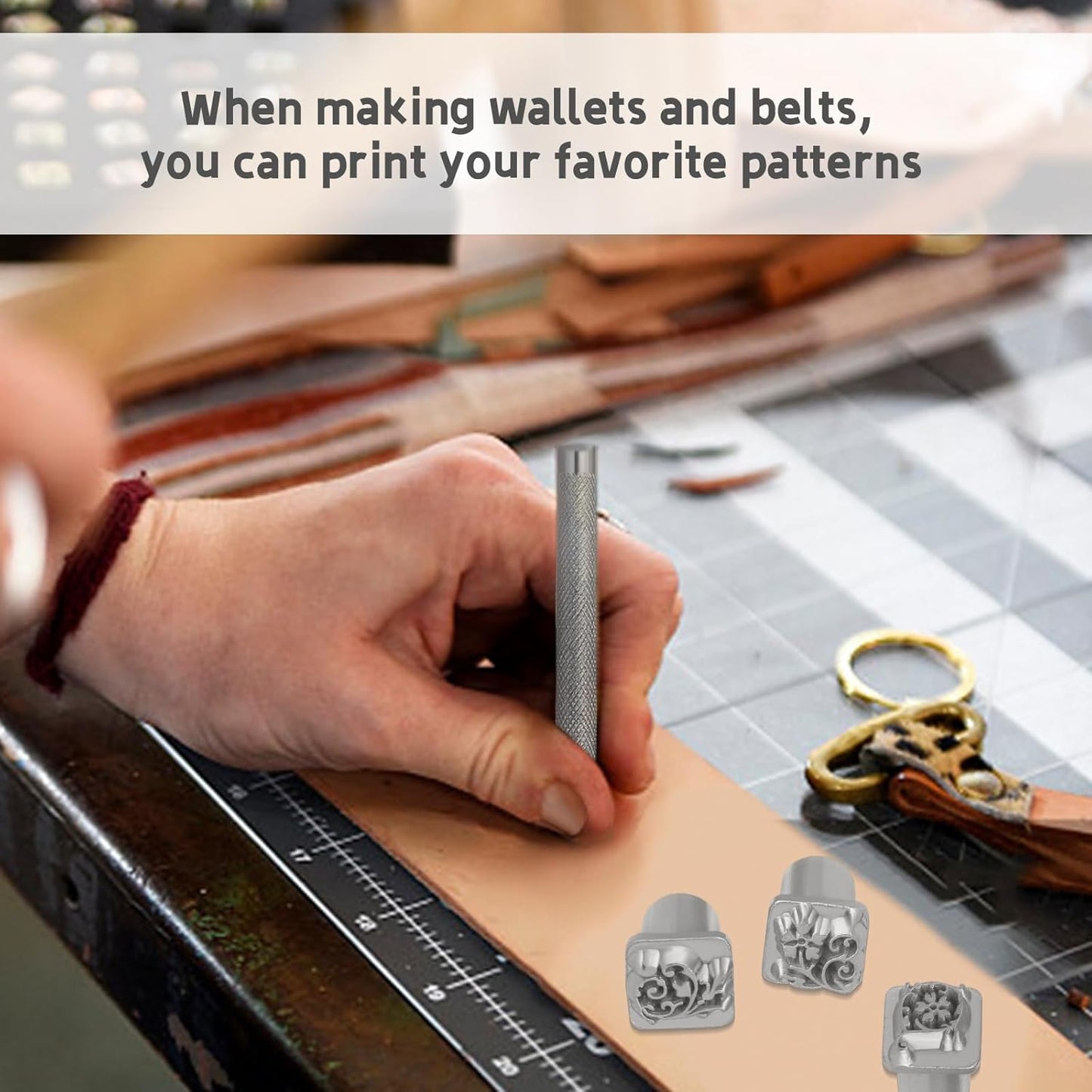 Leather Craft Stamping Tools, Leather Stamping Kit with 12 Tangcao Patterns Stamp and Punch Tools and 25mm Hammer and 3 thimbles for Craft Stamps