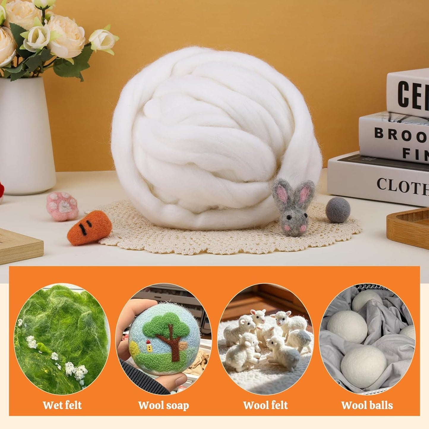 3.53oz Wool Roving Yarn, Wool Felting Supplies, Pure Wools, Chunky Yarn, Spinning Wool Roving for Needle Felting Wet Felting DIY Hand Spinning (White)